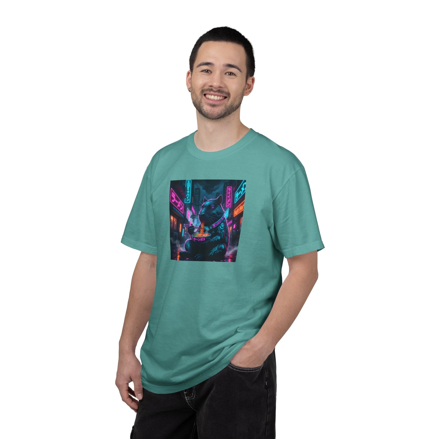 Neon Cyberpunk Capybara Cityscape T-Shirt | Futuristic Night Street Art