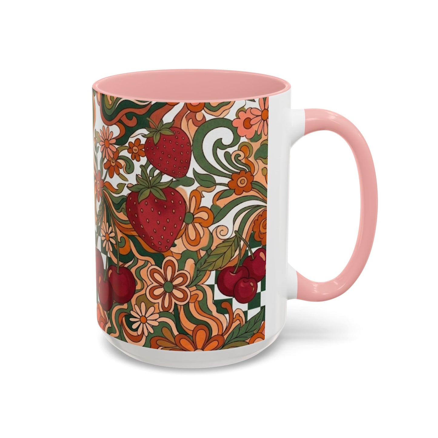 Vintage Cherry Strawberry Pattern Accent Mug | 11oz 15oz