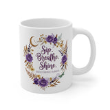 Sip Breathe Shine mug | Floral wreath, purple roses, celestial crescent