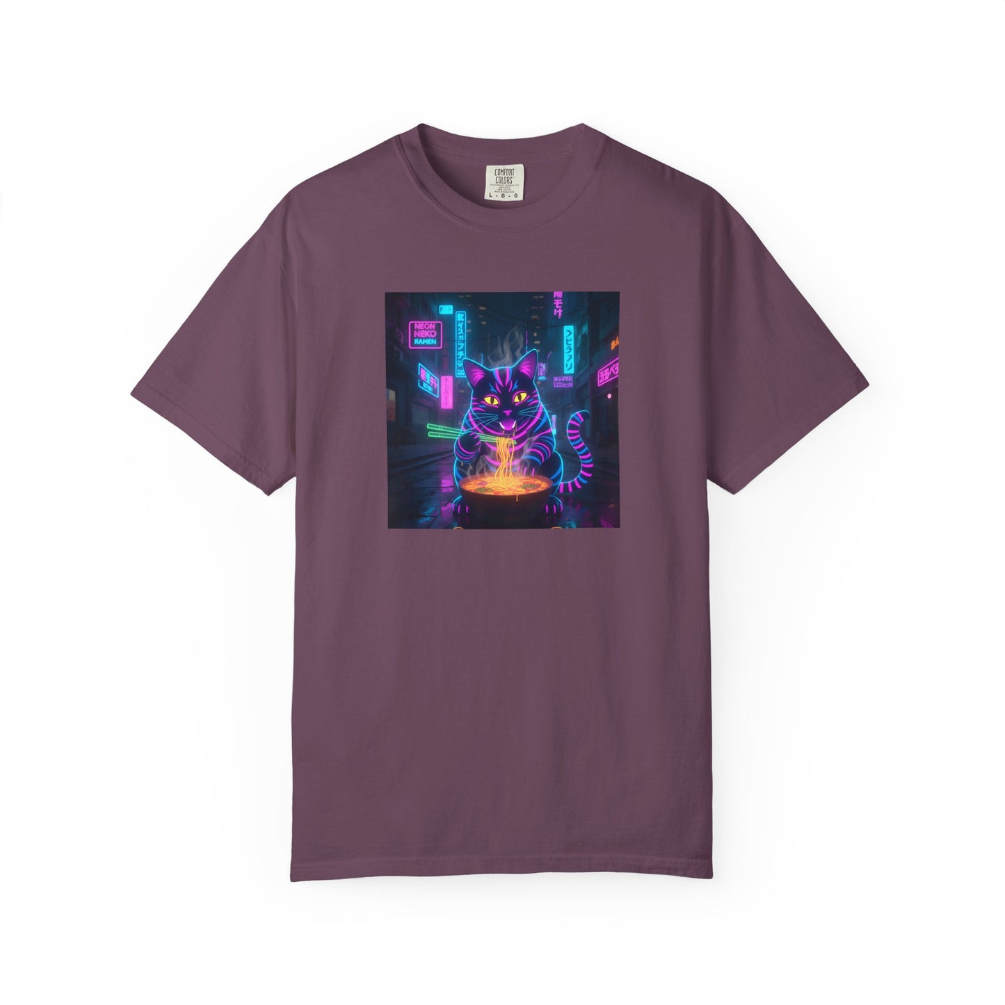 Neon Cyberpunk Cat Mystic Bowl T-shirt | Retro Futuristic Alley Art