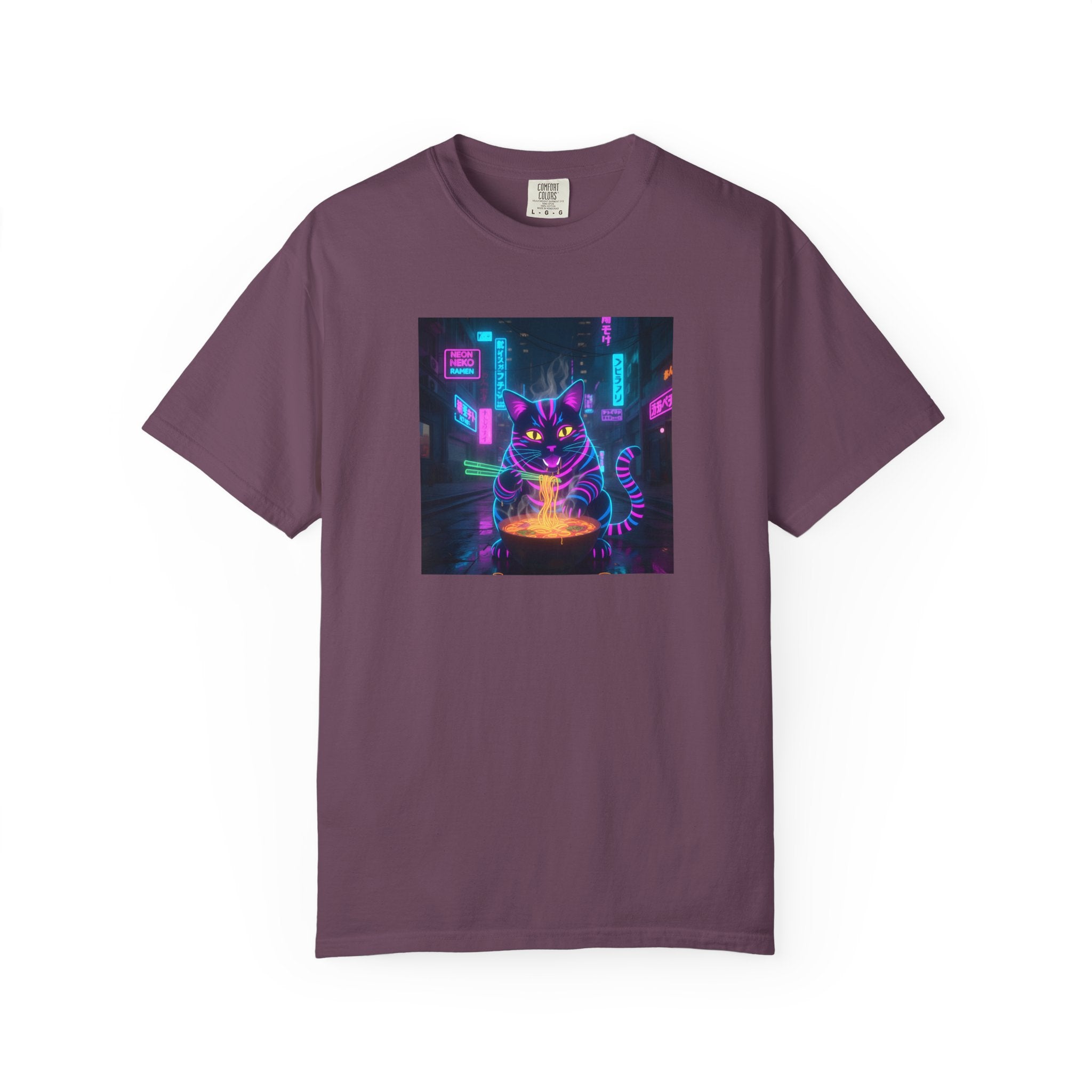 Neon Cyberpunk Cat Mystic Bowl T-shirt | Retro Futuristic Alley Art