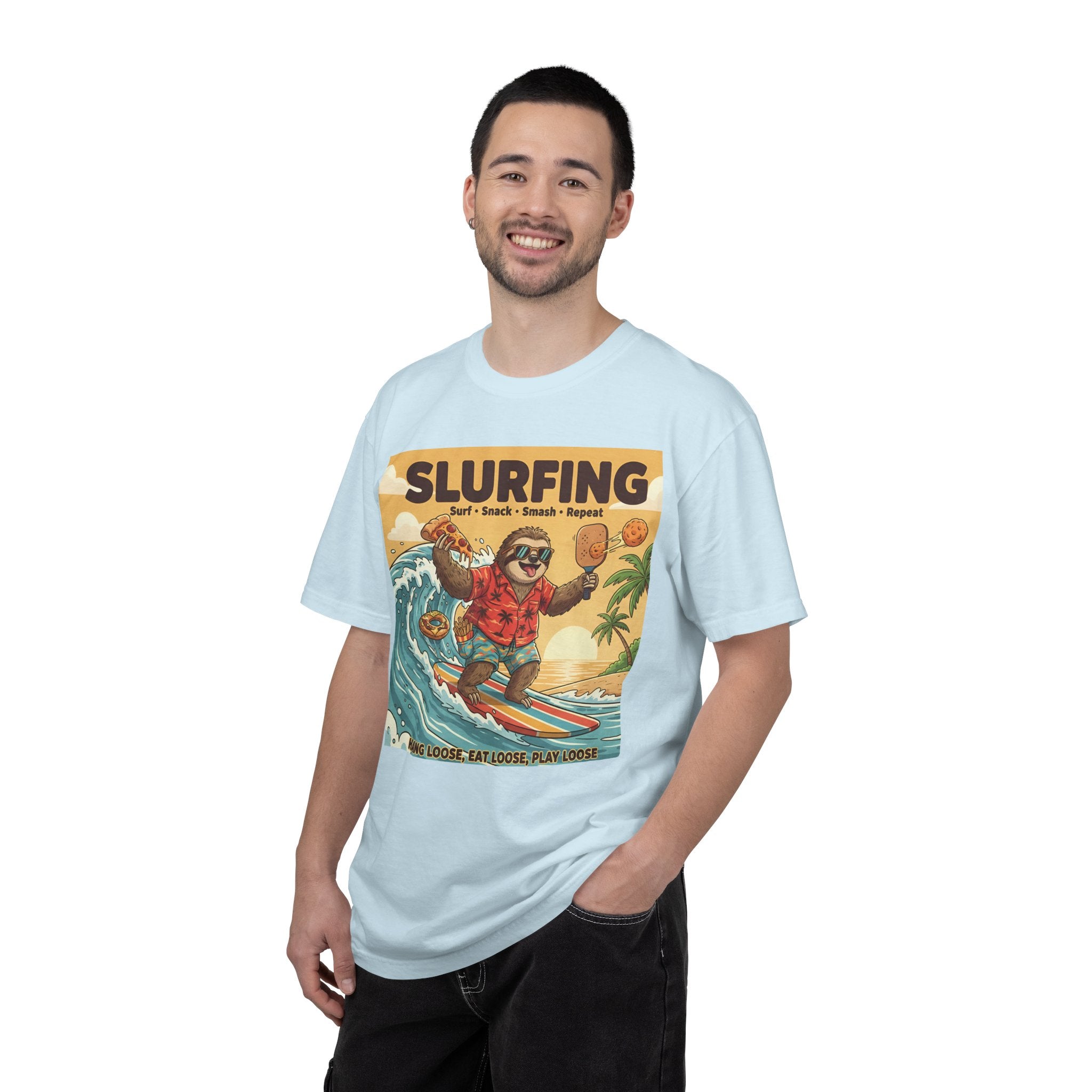 Slurfing Surfing Sloth T-Shirt | Retro Beach Wave Illustration