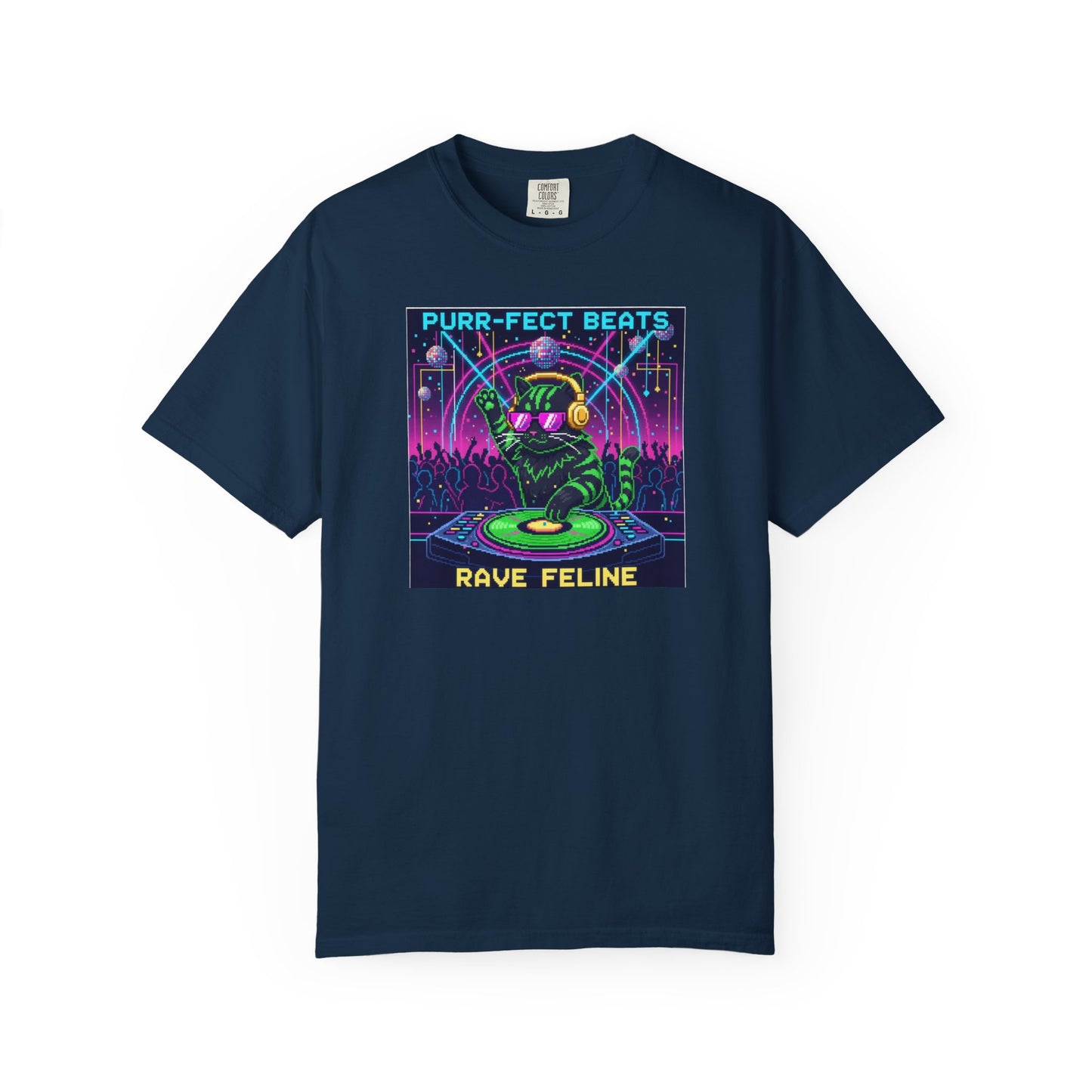 Purr-fect Beats Rave Feline DJ cat T-shirt | Neon EDM club design