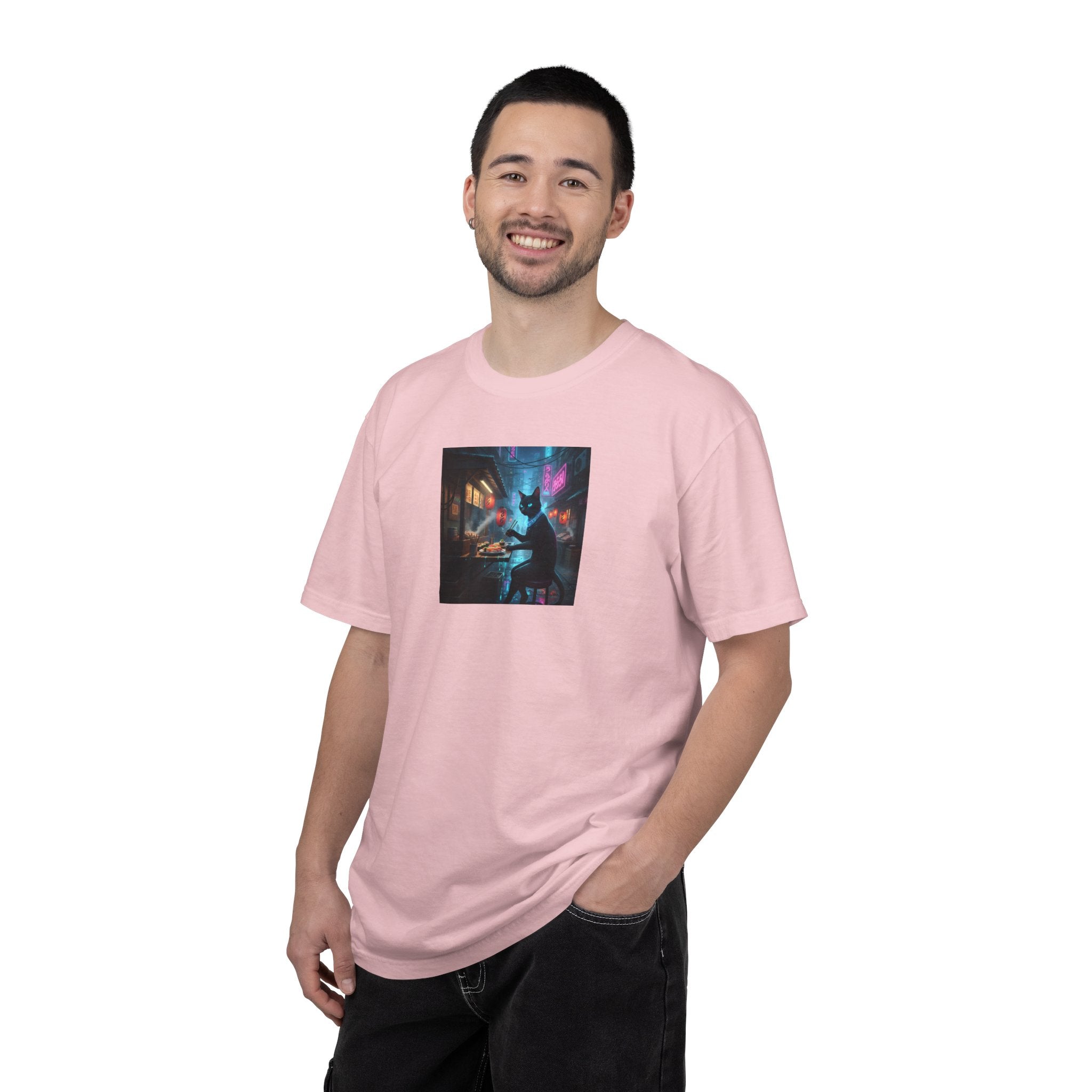 Cyberpunk Cat Sushi T-shirt | Neon Japan Noir