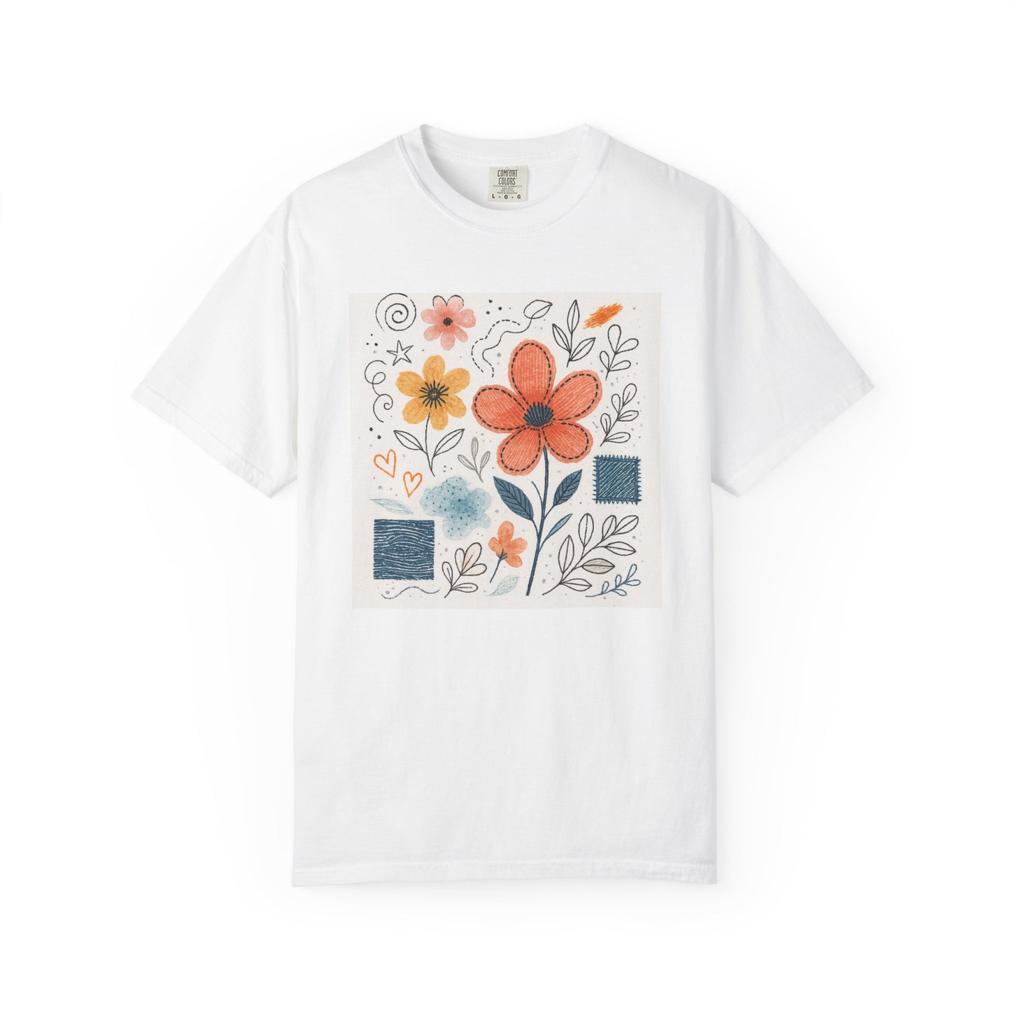 Hand-drawn Watercolor Floral Doodles T-shirt | Linocut & Embroidery Texture
