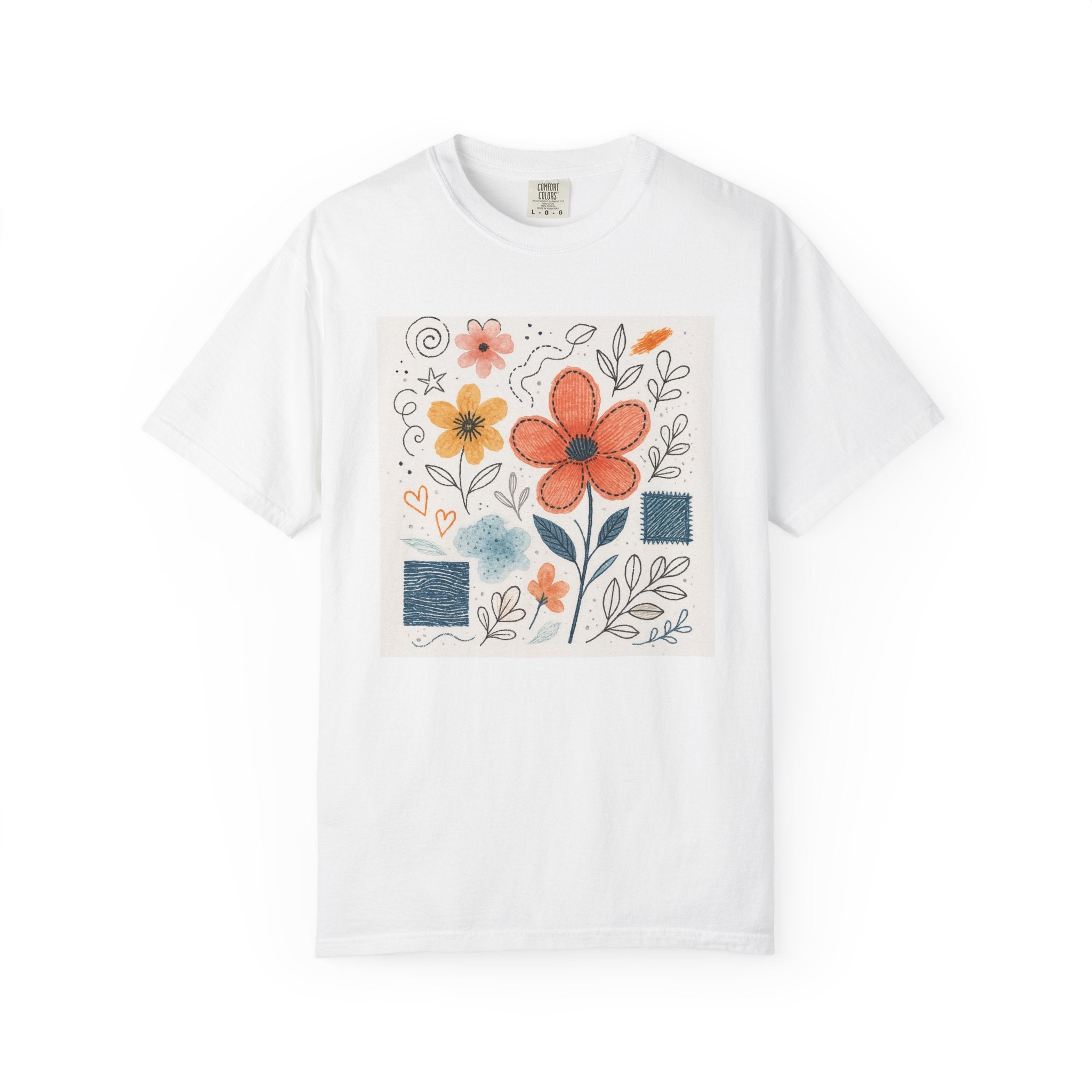 Hand-drawn Watercolor Floral Doodles T-shirt | Linocut & Embroidery Texture