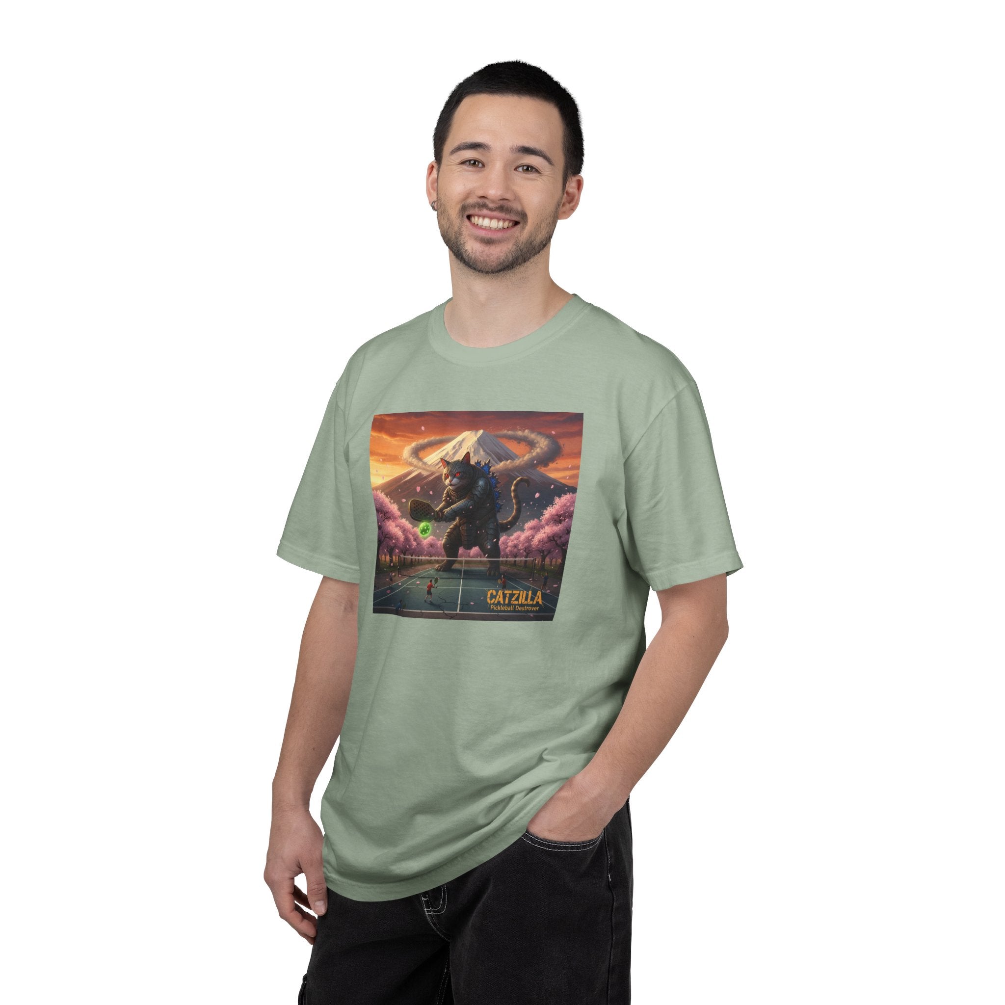 Catzilla Pickleball Destroyer T-shirt | Kaiju Cat Samurai, Mount Fuji Cherry Blossoms