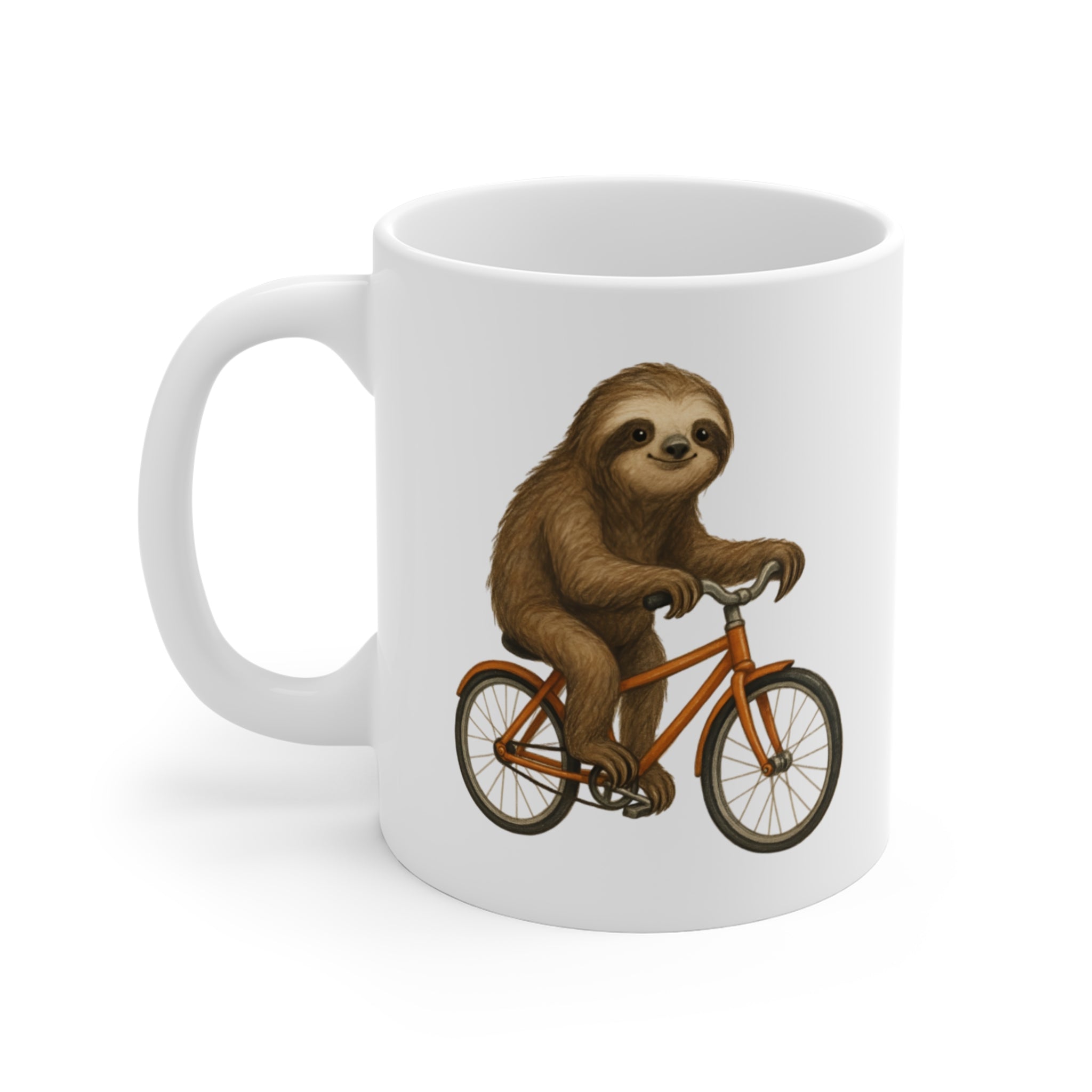 Sloth on Bike Mug | Whimsical Bicycle Illustration, Ceramic Coffee Cup