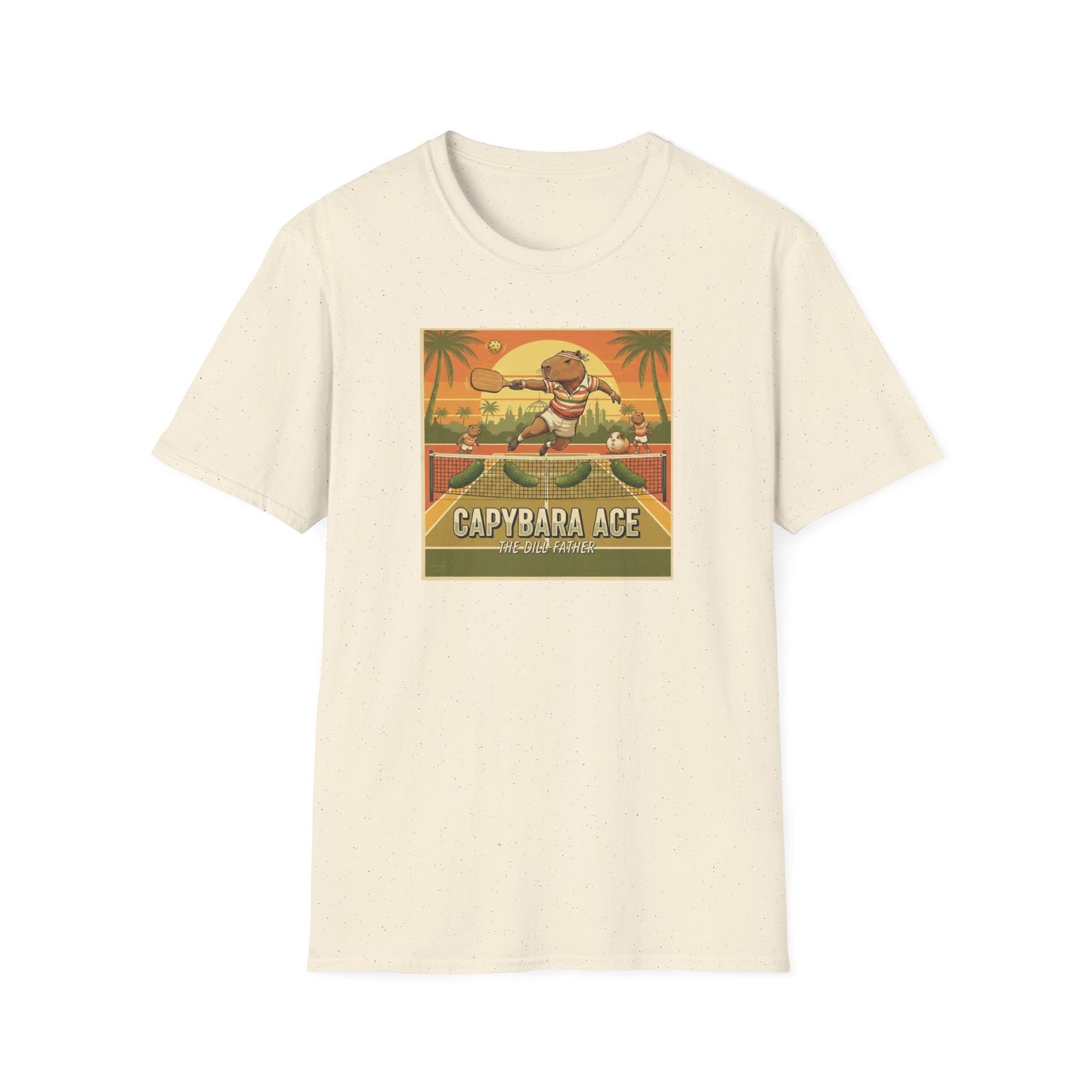 Capybara Ace Pickleball Player T-Shirt | Retro Tropical Court Design