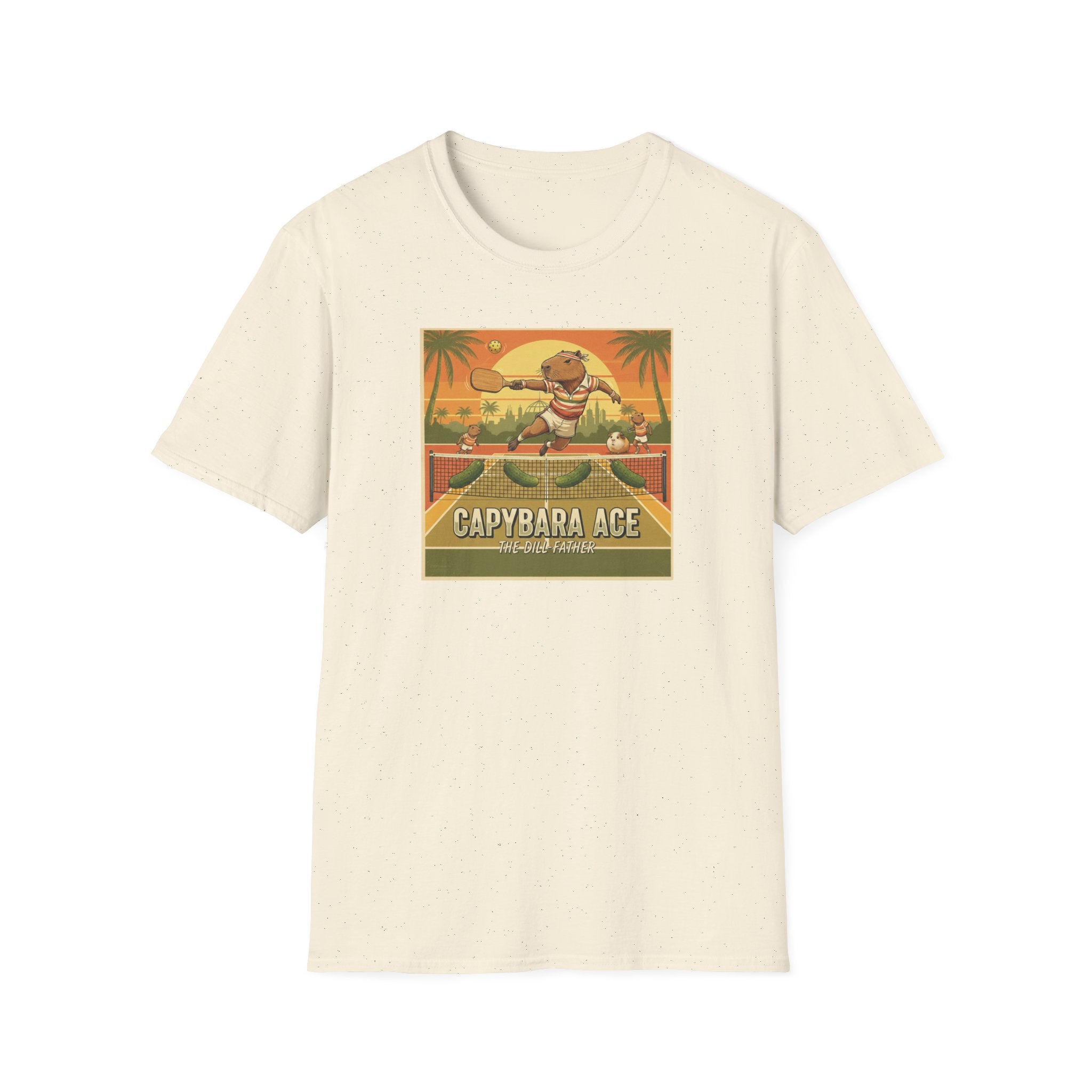 Capybara Ace Pickleball Player T-Shirt | Retro Tropical Court Design