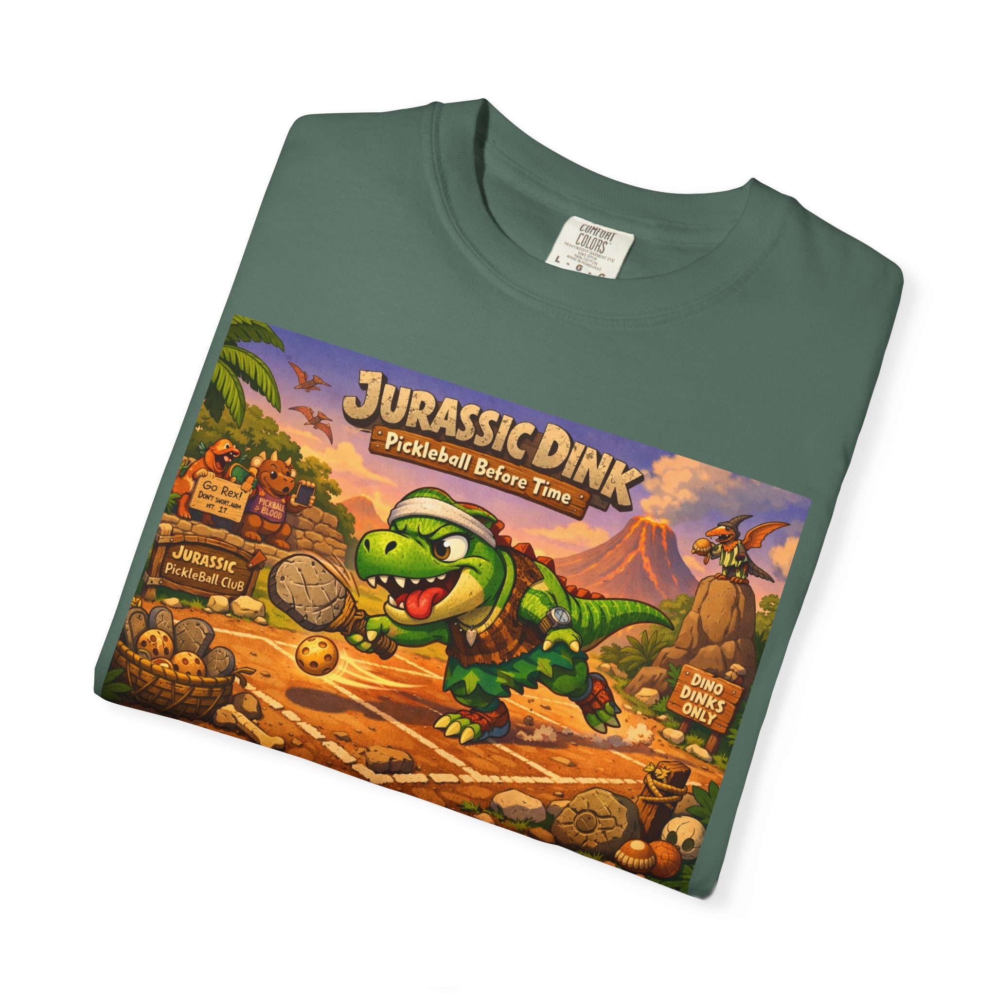 Jurassic Dink Pickleball Dinosaur Arcade Poster T-Shirt | Retro Video Game Shirt