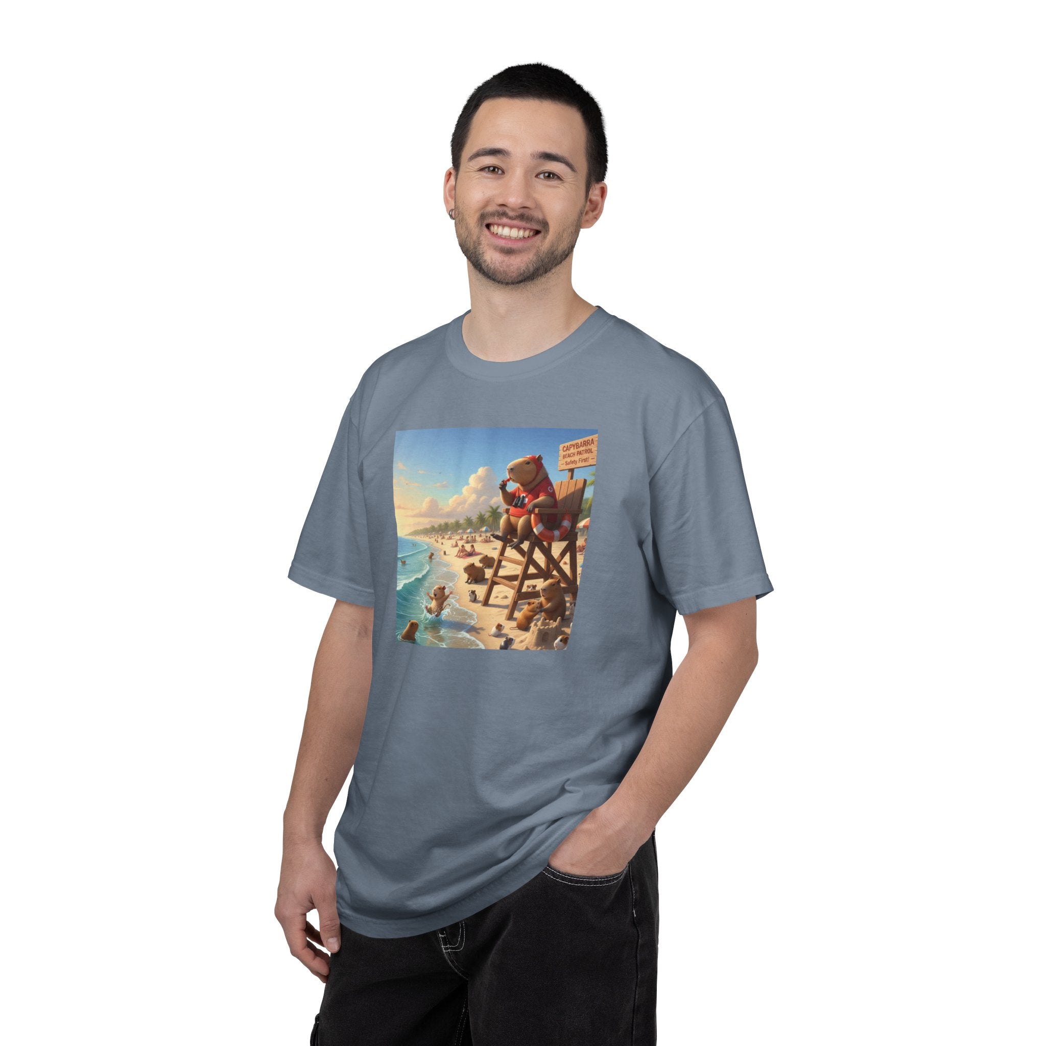 Lifeguard Capybara on Beach T-shirt | Surf Rescue Sunset Scene