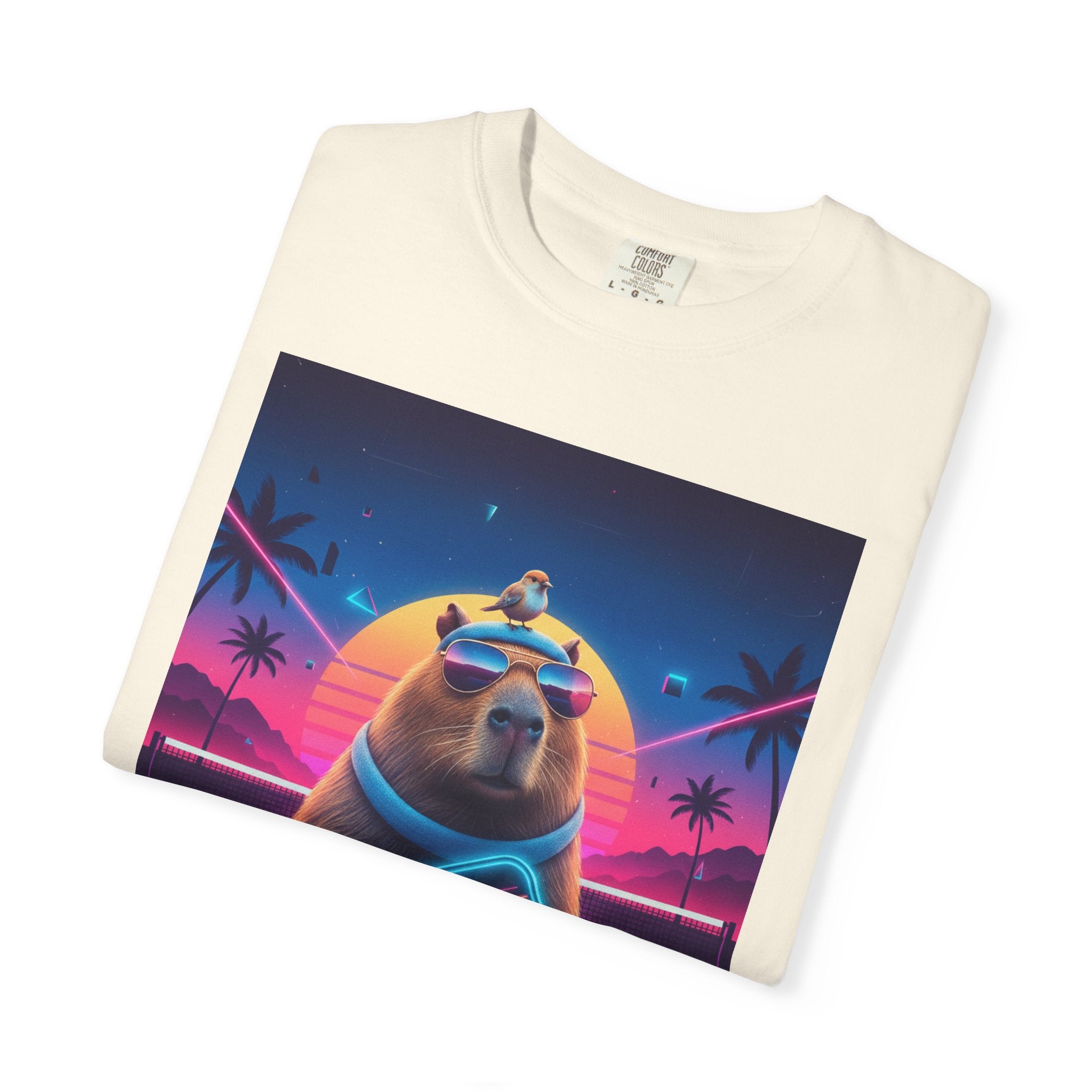 Retro Vaporwave Capybara with Sunglasses T-shirt | Neon Sunset Palm Trees