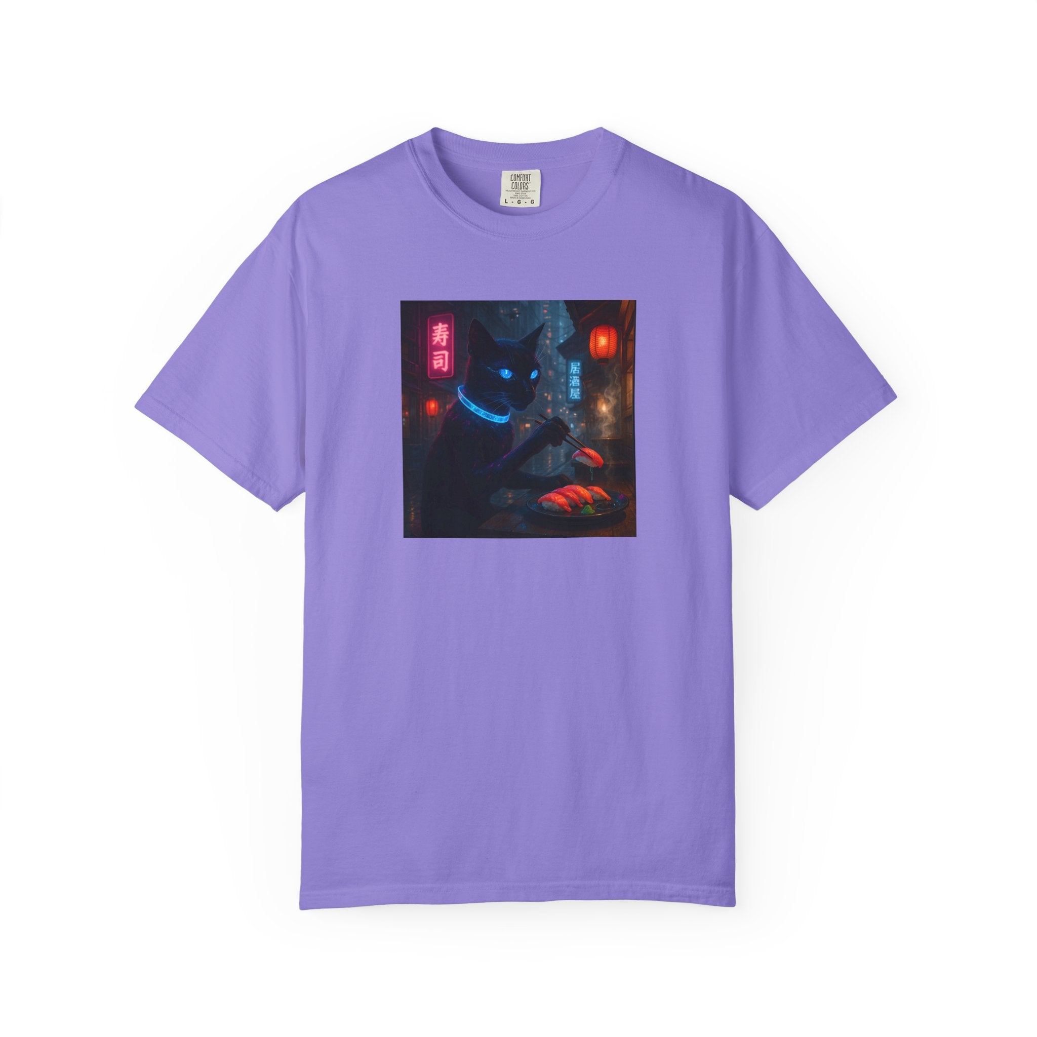 Neon Cyber Cat Sushi Shibuya T-shirt | Dark Alley Japanese Streetwear