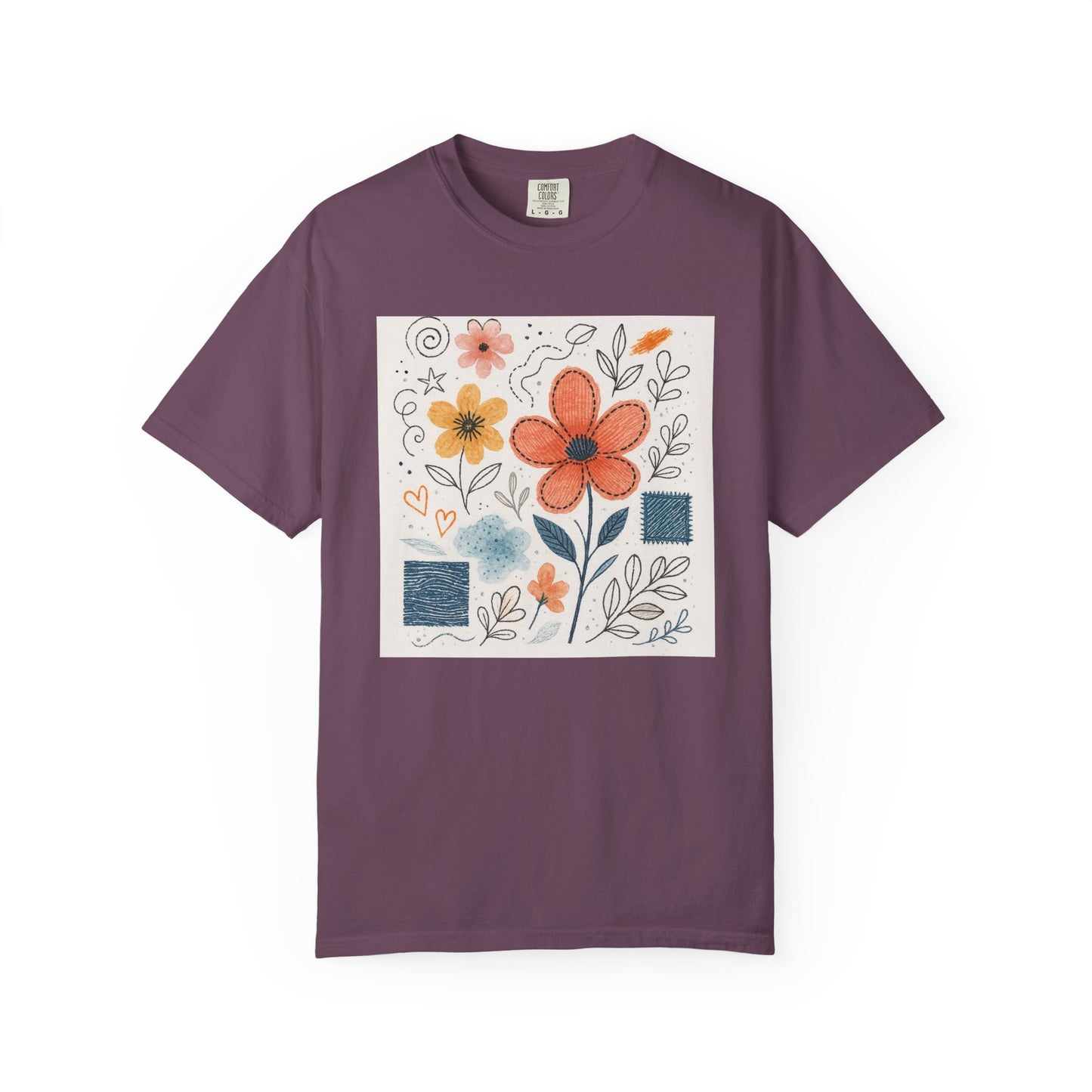 Hand-drawn Watercolor Floral Doodles T-shirt | Linocut & Embroidery Texture