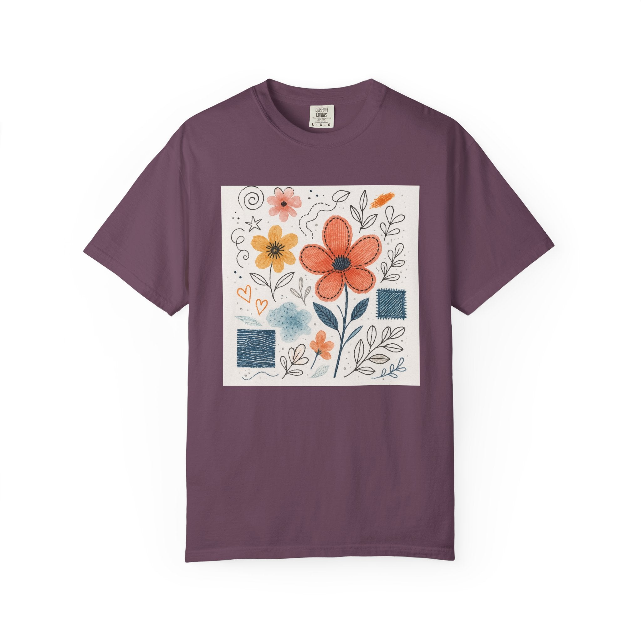 Hand-drawn Watercolor Floral Doodles T-shirt | Linocut & Embroidery Texture