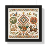 Folk Floral Deer Rabbit Bird Framed Horizontal Poster | Botanical Animal Artwork