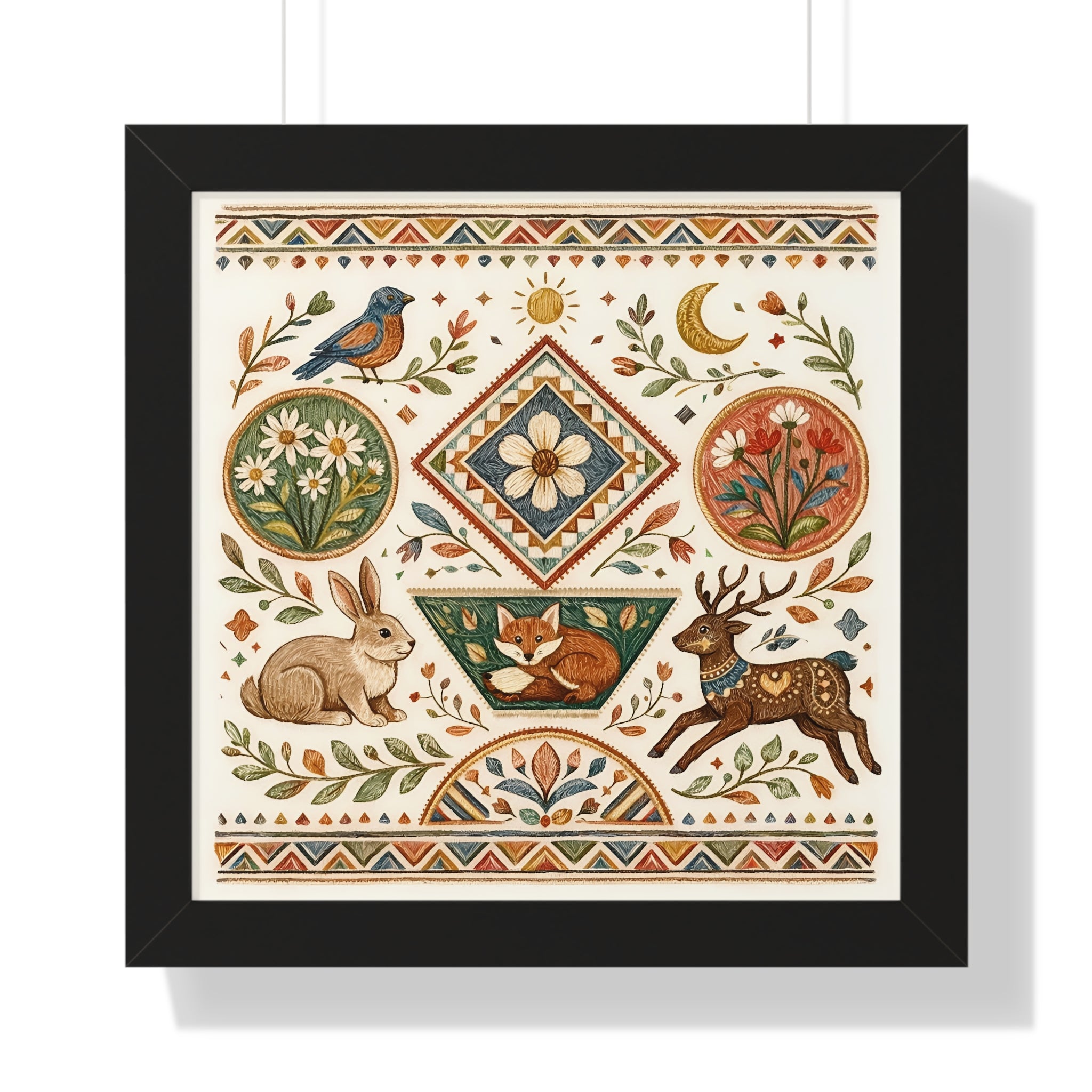 Folk Floral Deer Rabbit Bird Framed Horizontal Poster | Botanical Animal Artwork