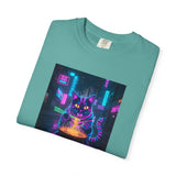 Neon Cyberpunk Cat Mystic Bowl T-shirt | Retro Futuristic Alley Art