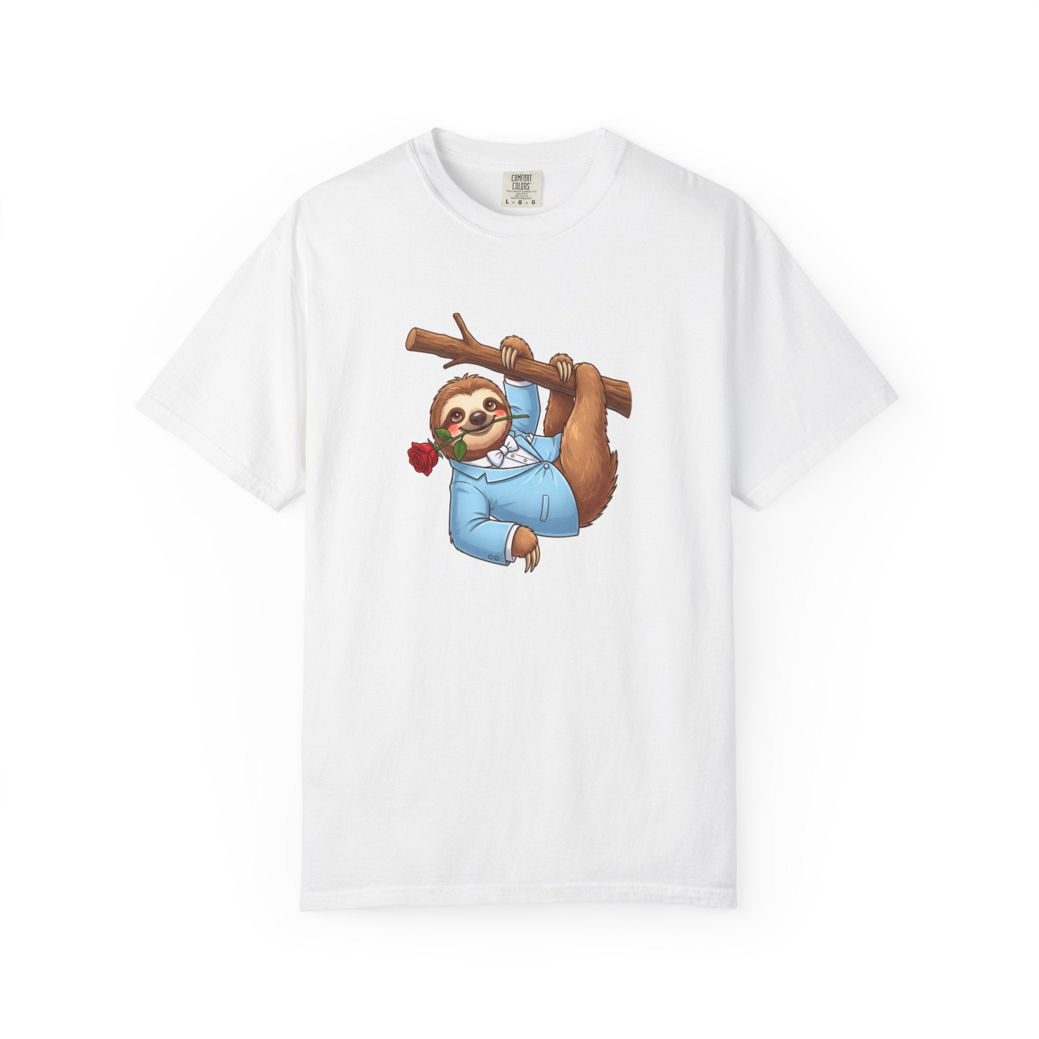 Sloth with Rose on Branch T-shirt | Cute Relaxed Animal Tee