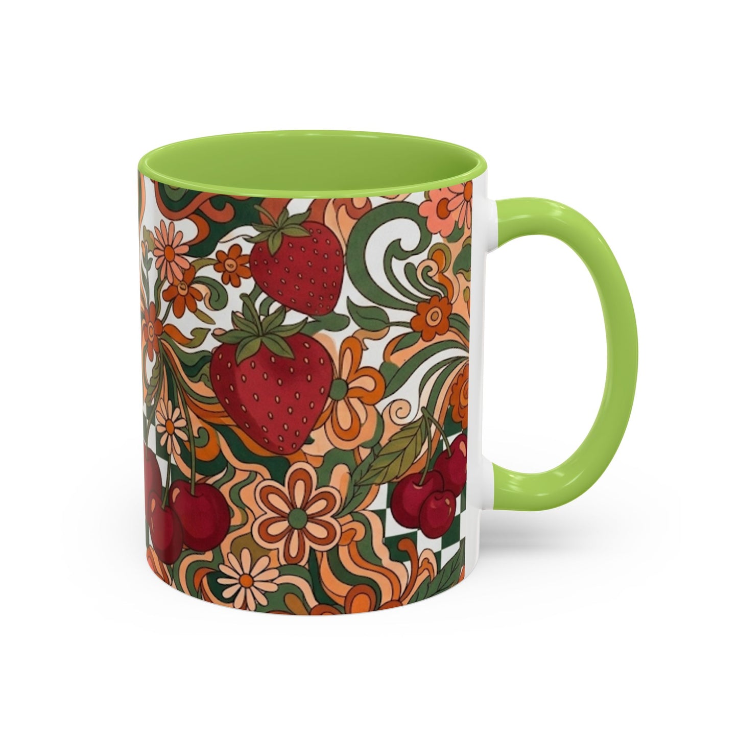 Vintage Cherry Strawberry Pattern Accent Mug | 11oz 15oz