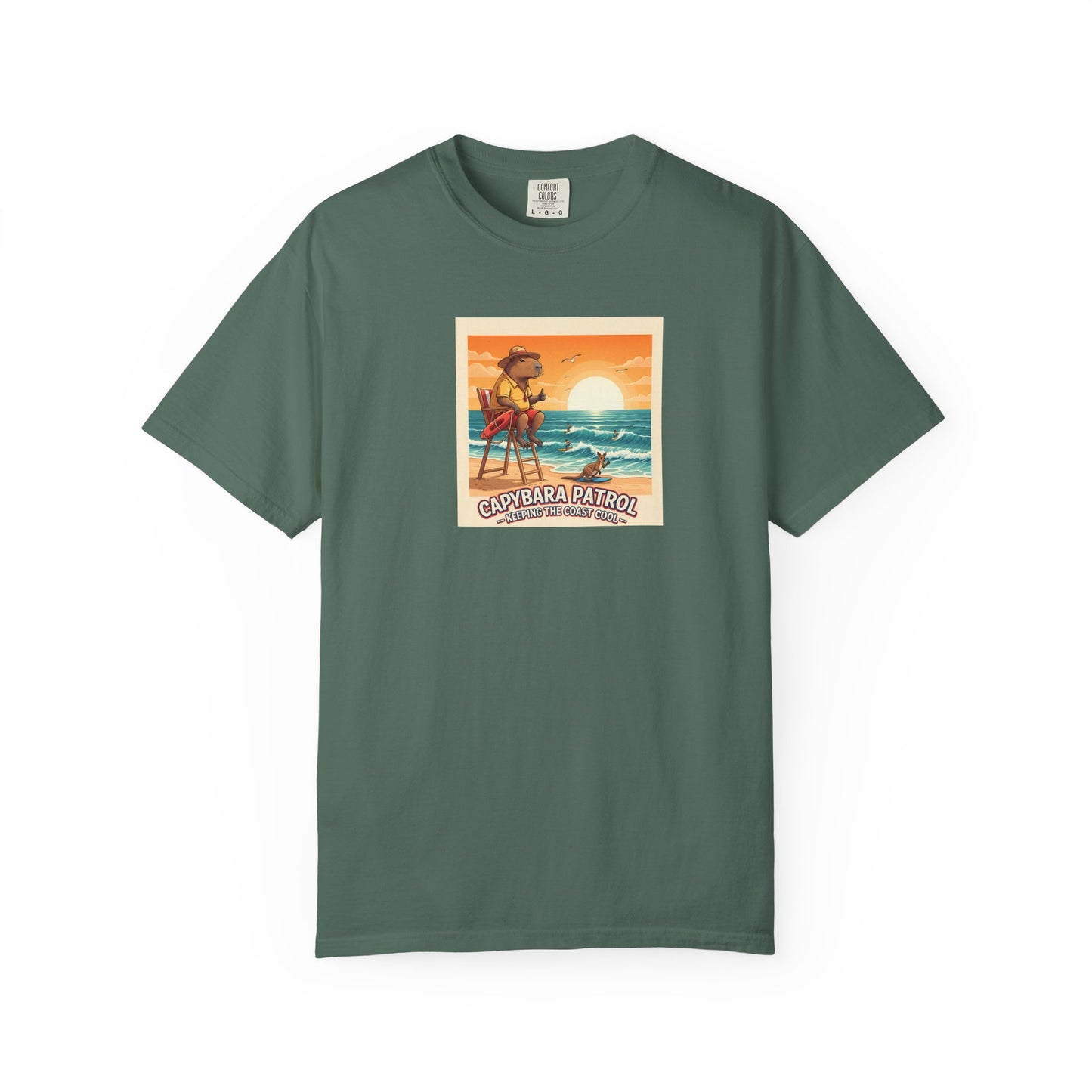 Capybara Patrol Sunset Surfing Capybara T-Shirt | Retro Beach Vibes