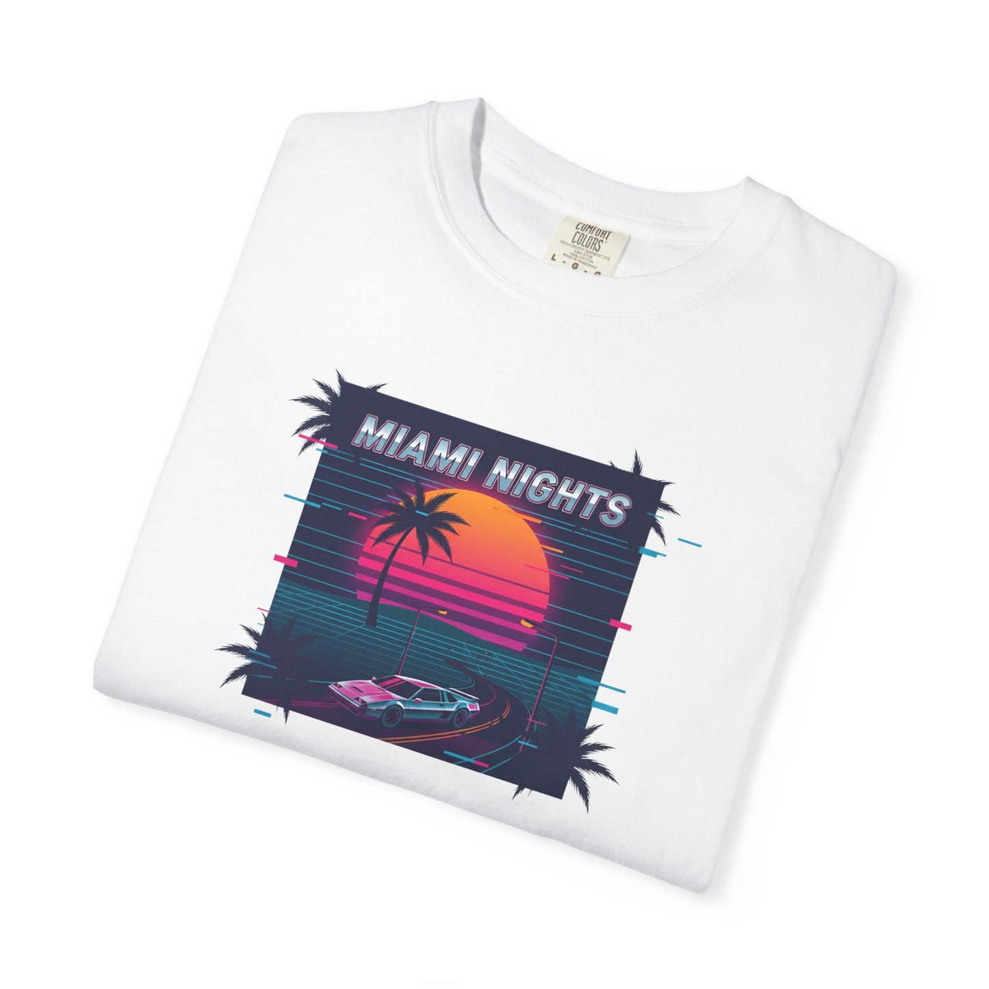 Miami Nights Sunset Palm T-shirt | Retro Vaporwave Beach Scene