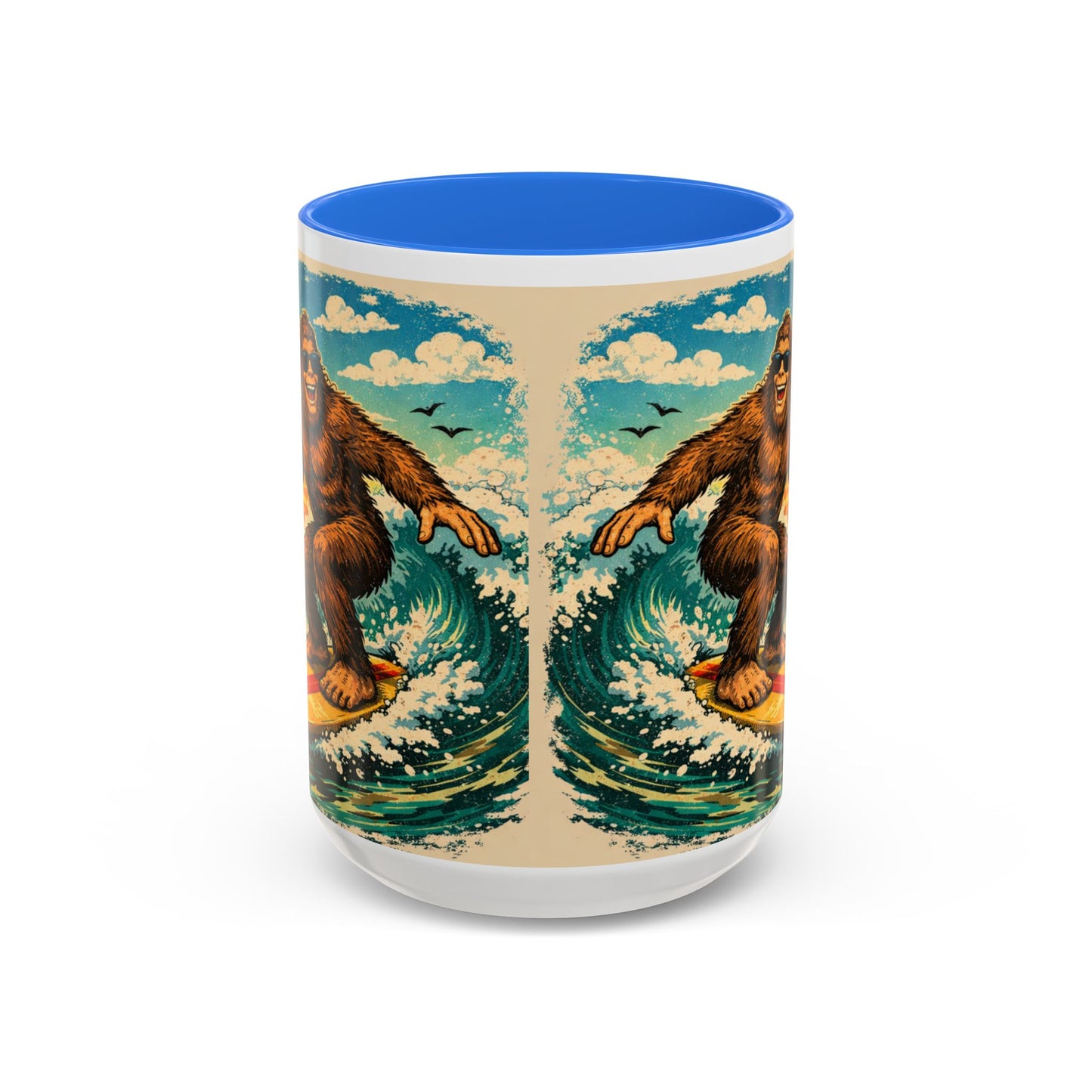 Surfing Bigfoot Mug | Retro Beach Sunset Bigfoot Wave Coffee Cup