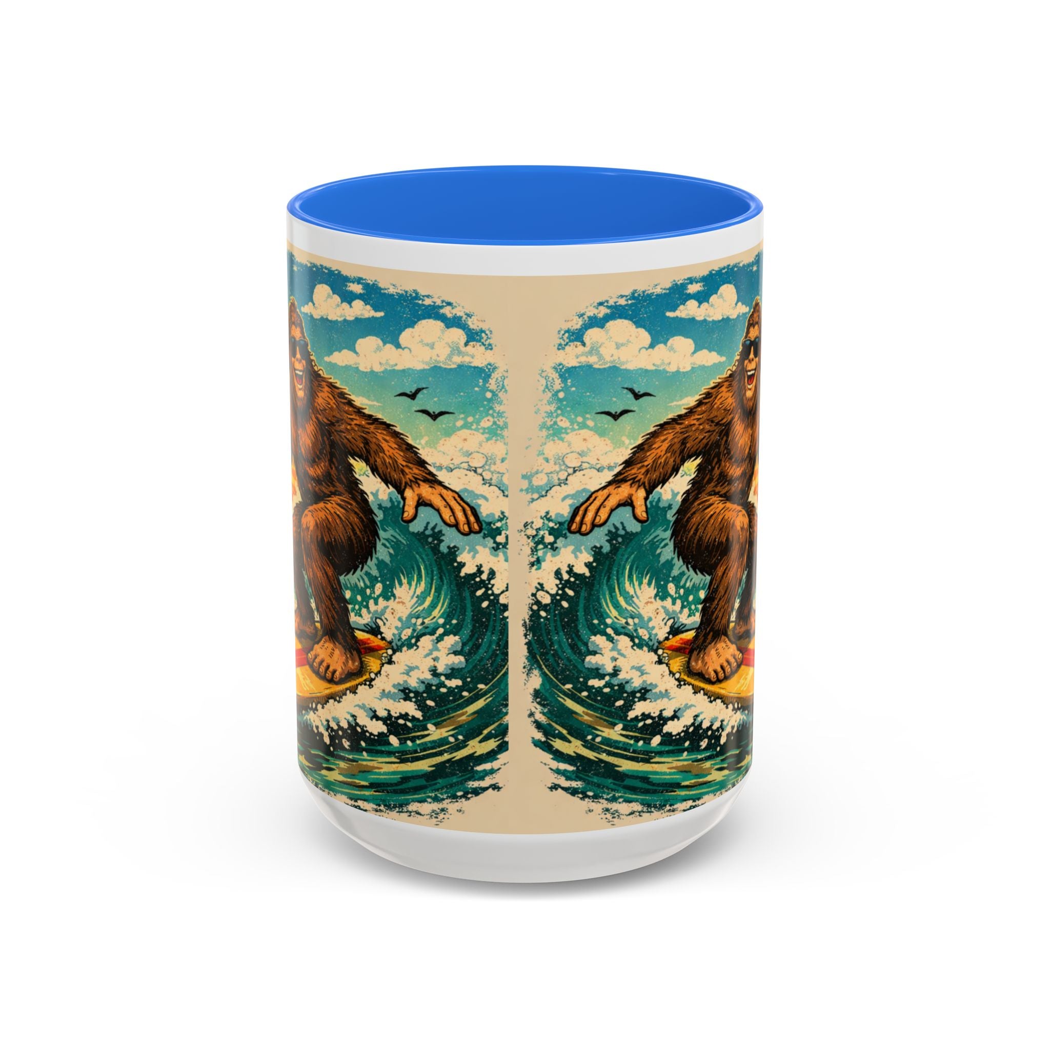 Surfing Bigfoot Mug | Retro Beach Sunset Bigfoot Wave Coffee Cup