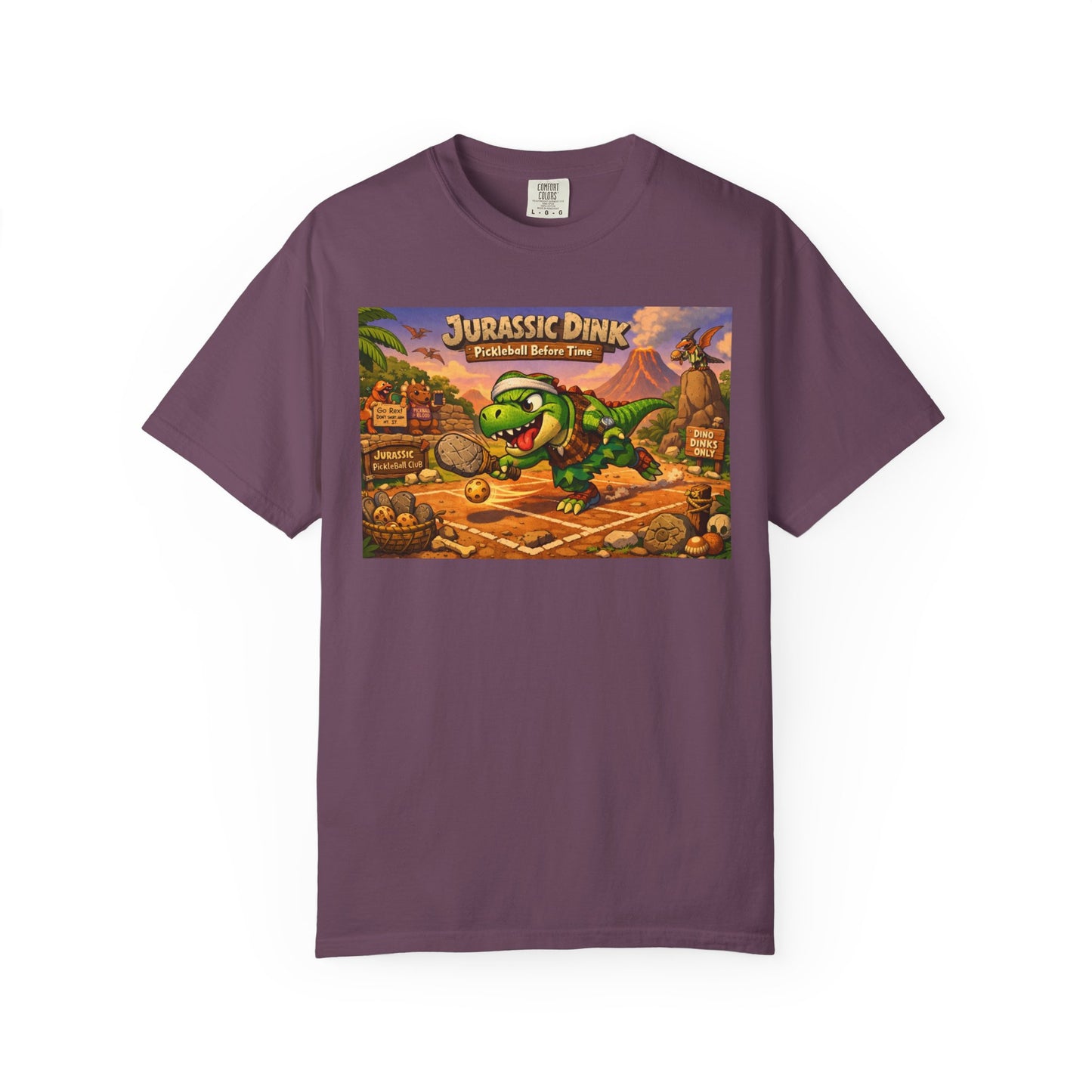 Jurassic Dink Pickleball Dinosaur Arcade Poster T-Shirt | Retro Video Game Shirt