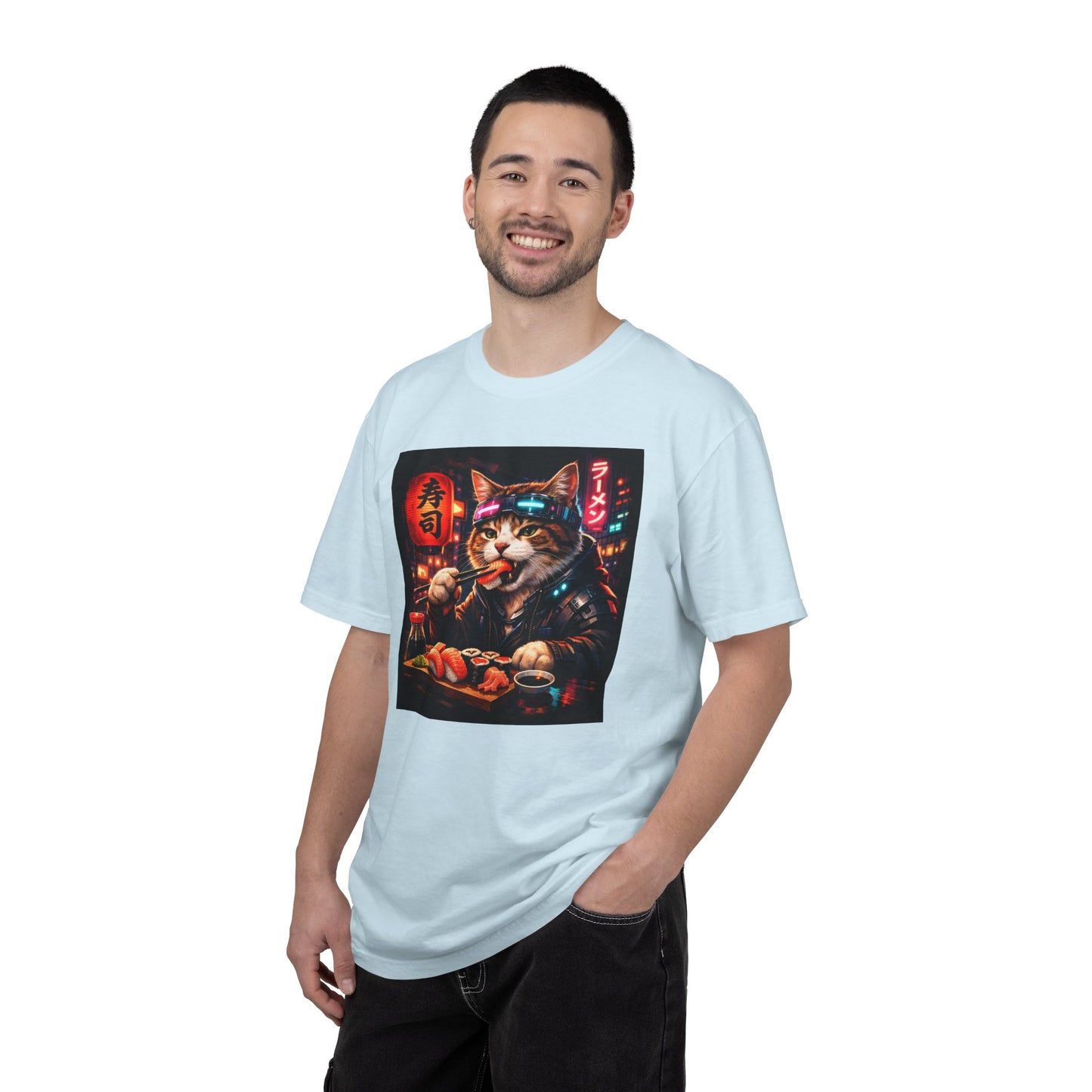Sushi-Eating Cat T-Shirt | Neon Japanese Street Food Art