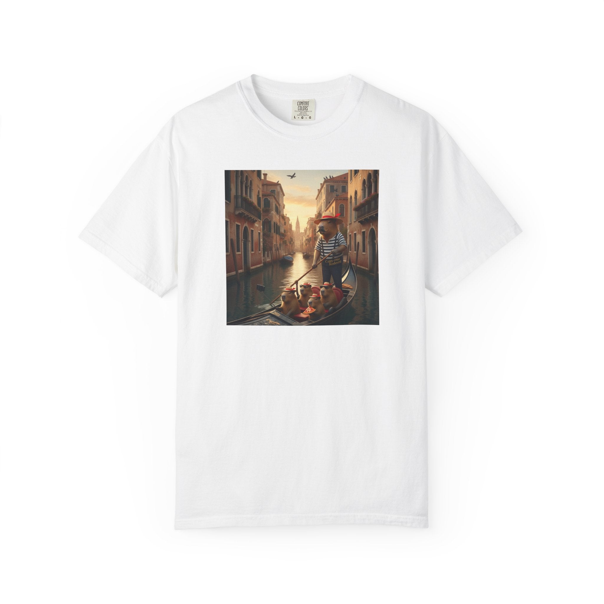 Capybara Venice Gondola Sunset T-shirt | Scenic Canal Travel Art