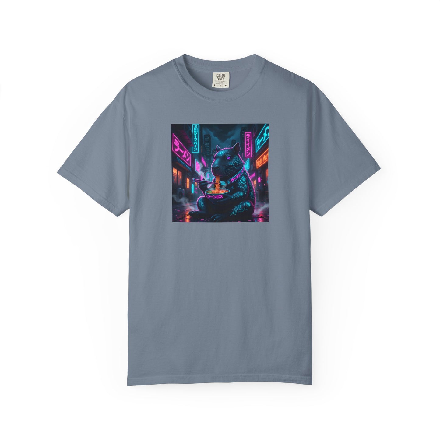 Neon Cyberpunk Capybara Cityscape T-Shirt | Futuristic Night Street Art