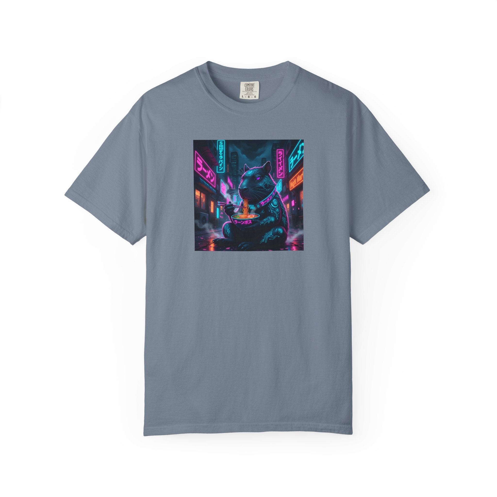 Neon Cyberpunk Capybara Cityscape T-Shirt | Futuristic Night Street Art
