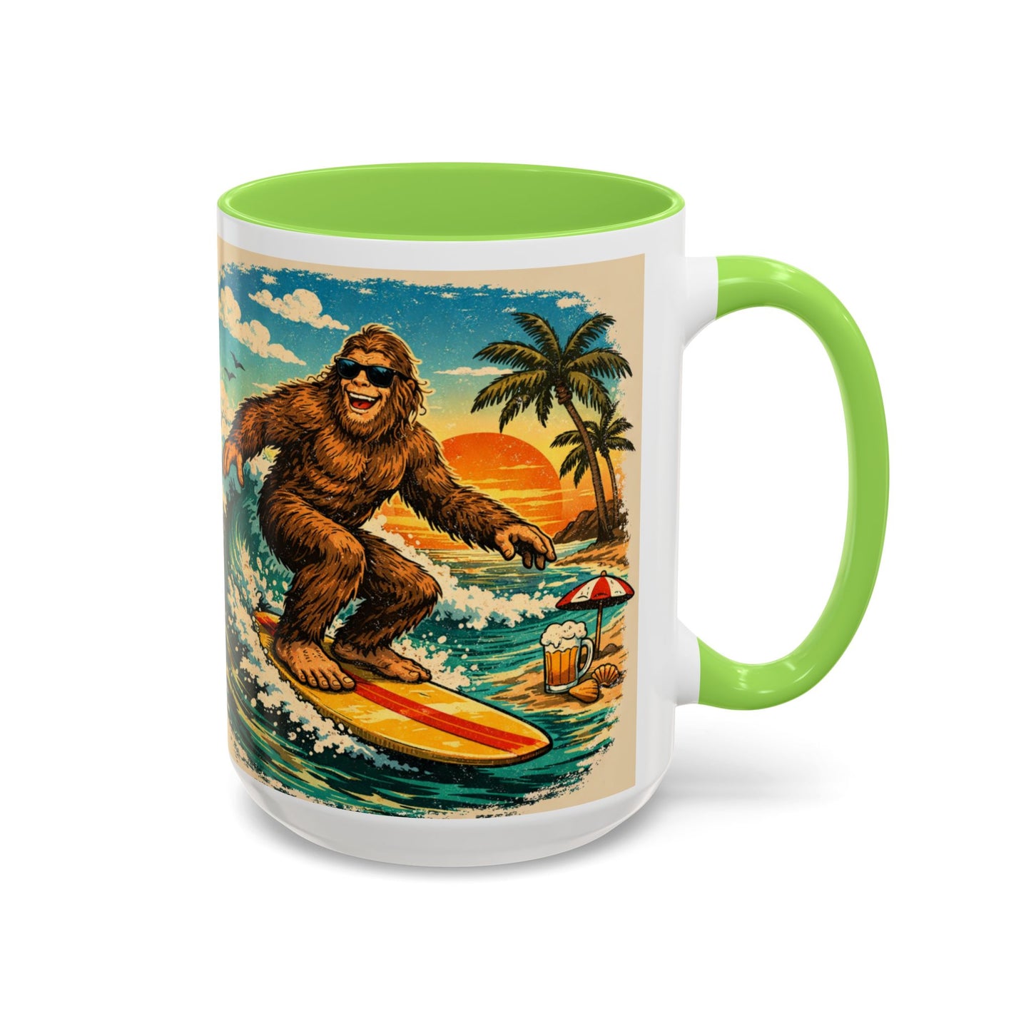 Surfing Bigfoot Mug | Retro Beach Sunset Bigfoot Wave Coffee Cup