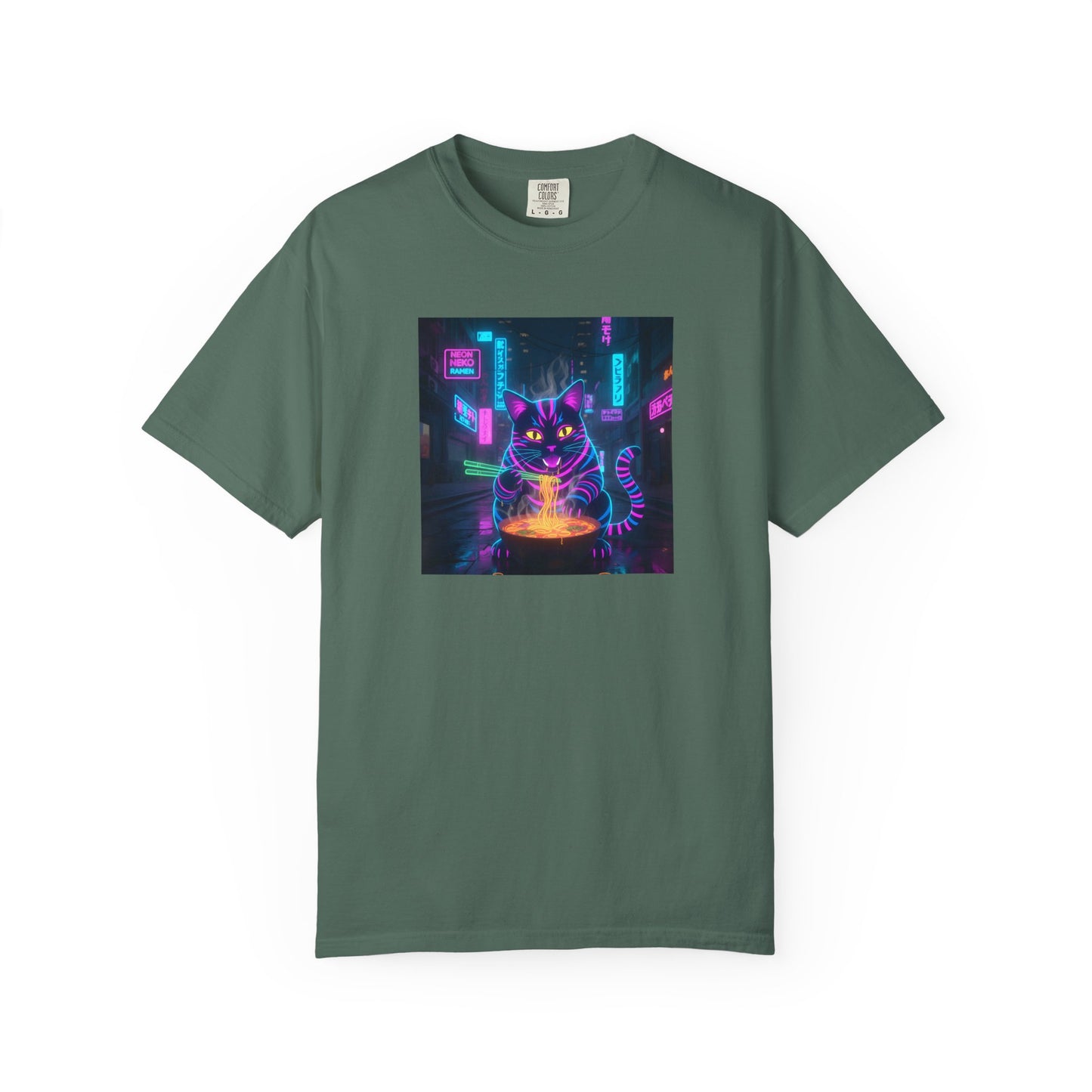 Neon Cyberpunk Cat Mystic Bowl T-shirt | Retro Futuristic Alley Art