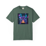 Neon Cyberpunk Cat Mystic Bowl T-shirt | Retro Futuristic Alley Art