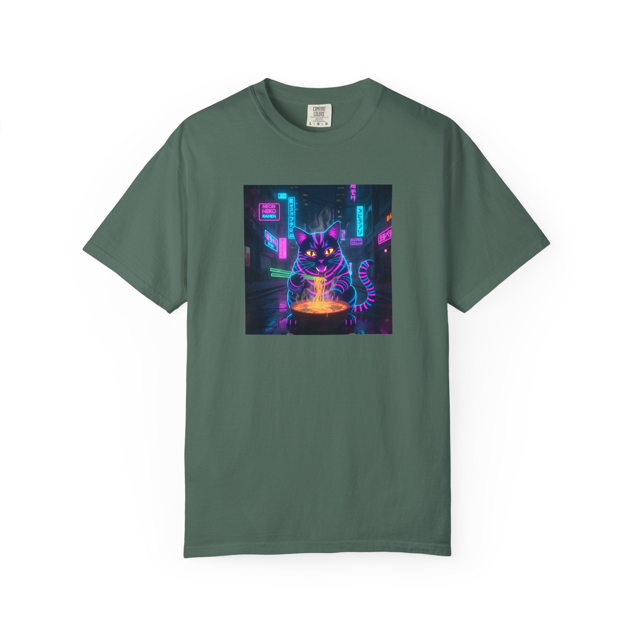 Neon Cyberpunk Cat Mystic Bowl T-shirt | Retro Futuristic Alley Art
