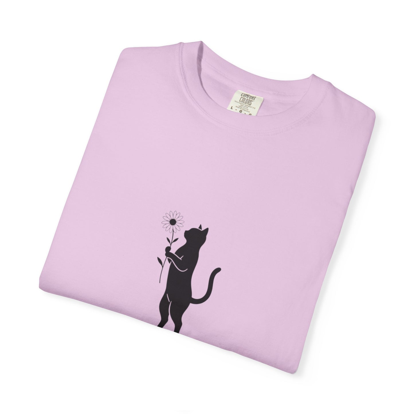 Black Cat Holding Flower T-Shirt | Minimal Cat Silhouette Tee