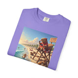 Lifeguard Capybara on Beach T-shirt | Surf Rescue Sunset Scene