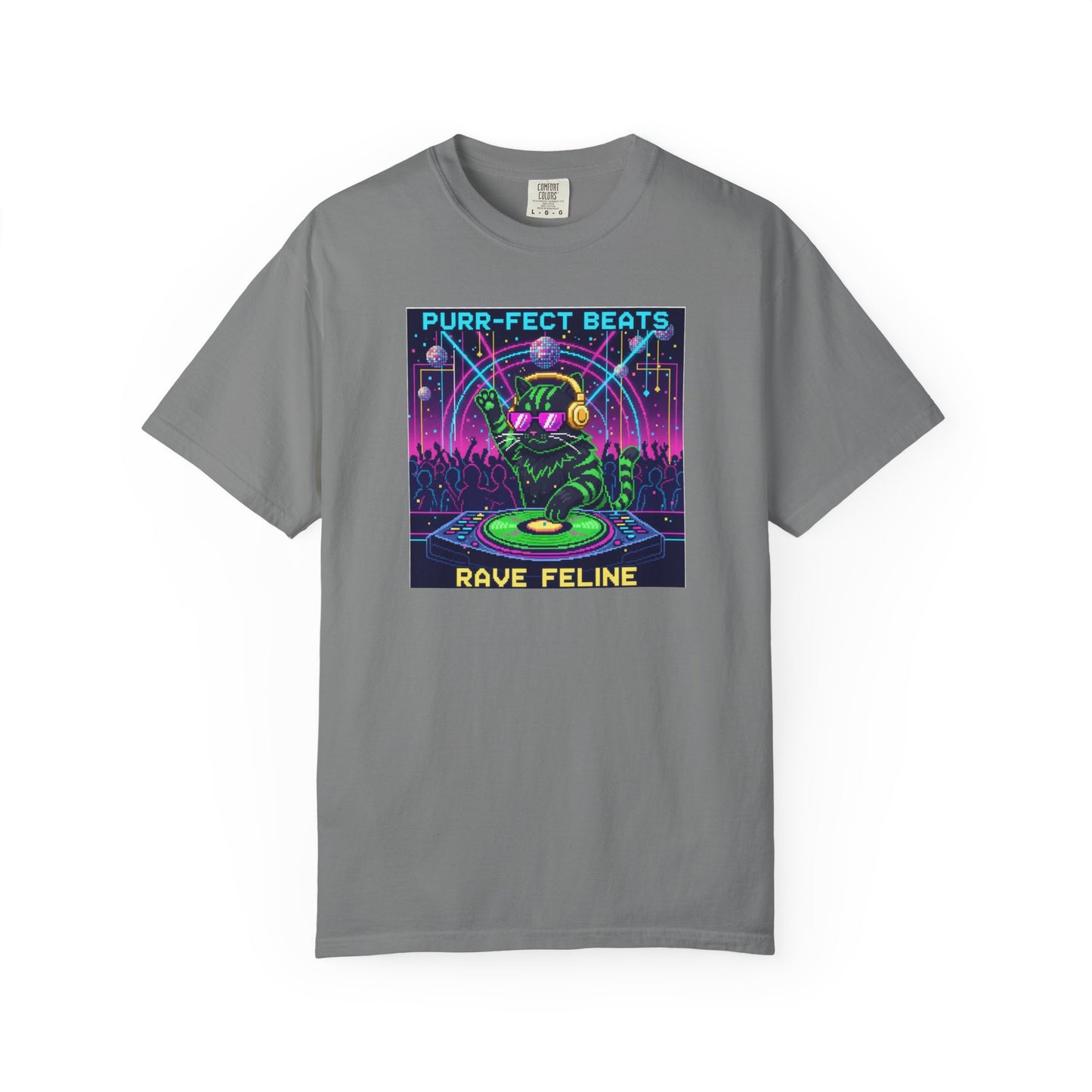 Purr-fect Beats Rave Feline DJ cat T-shirt | Neon EDM club design