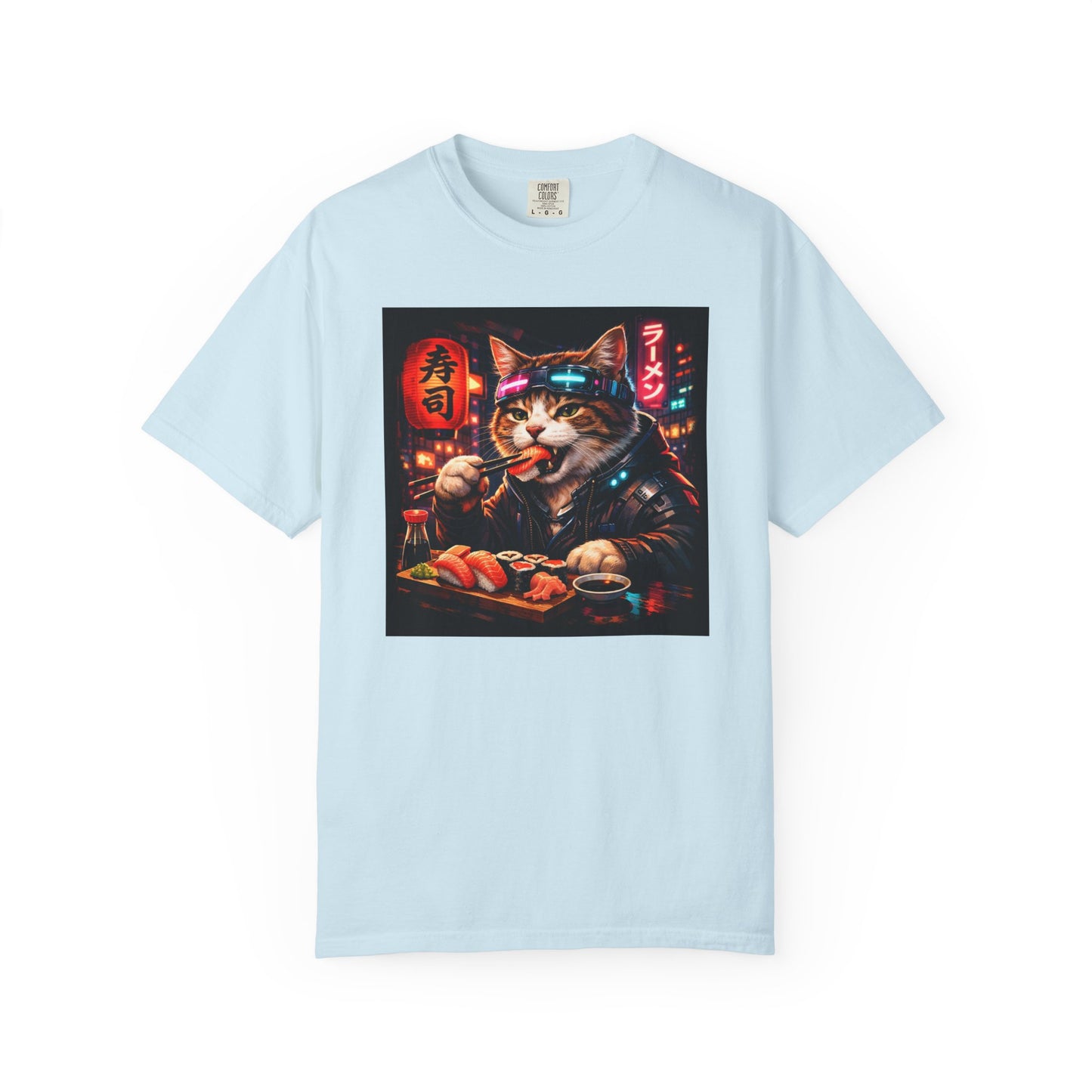 Sushi-Eating Cat T-Shirt | Neon Japanese Street Food Art