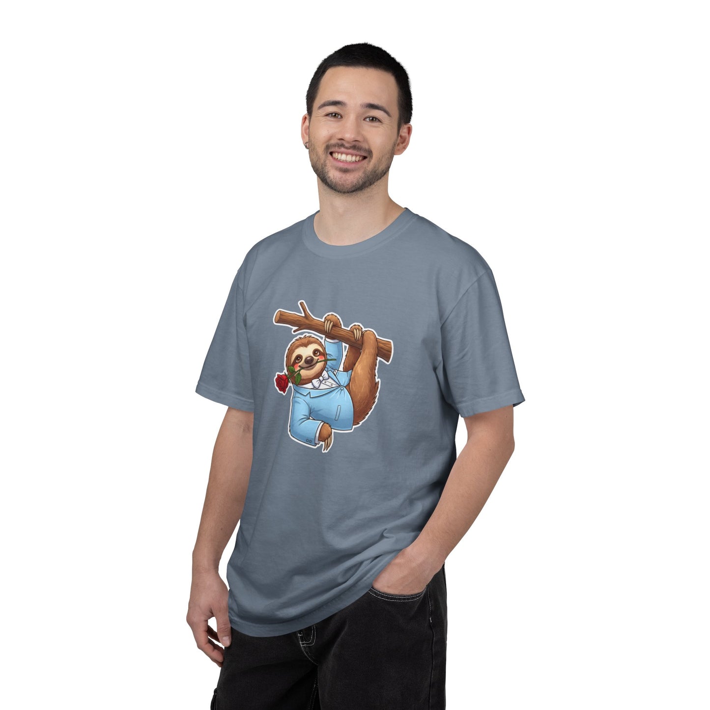 Sloth with Rose on Branch T-shirt | Cute Relaxed Animal Tee