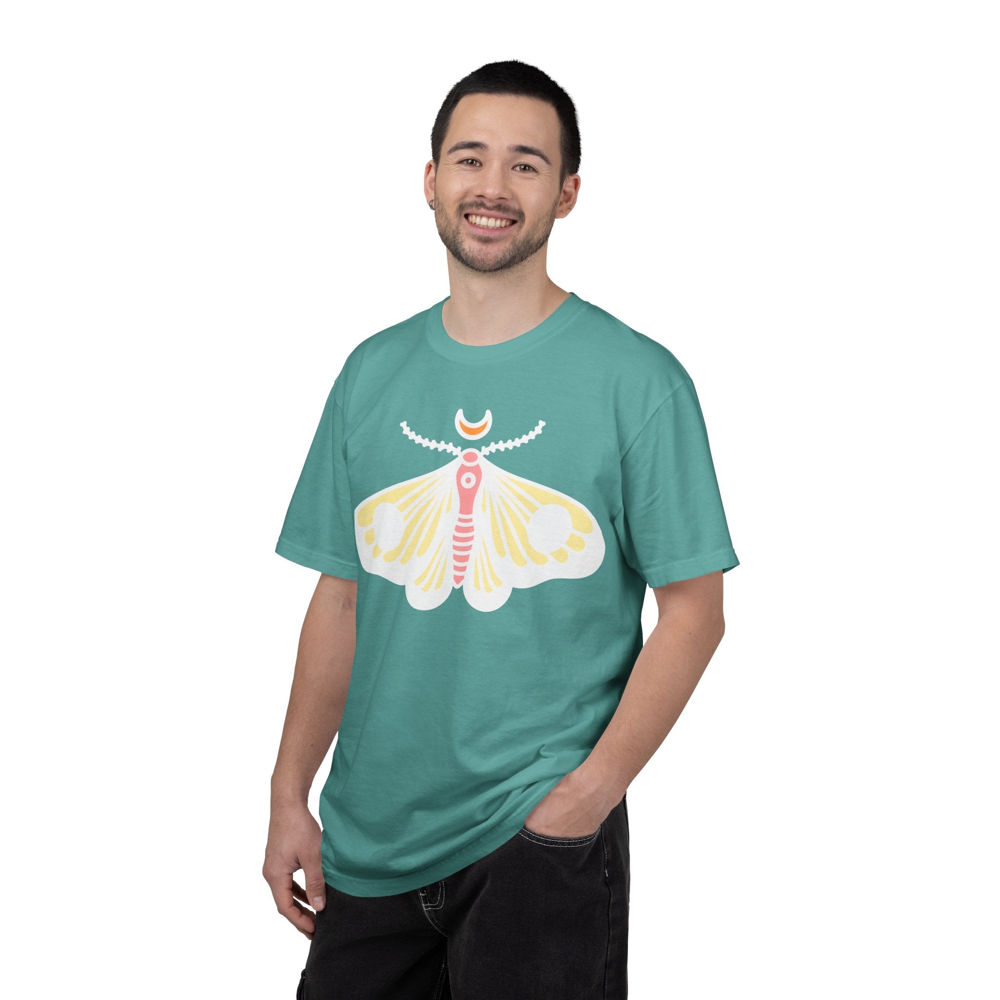Celestial Moth T-shirt | Pink Yellow Moth with Crescent Moon