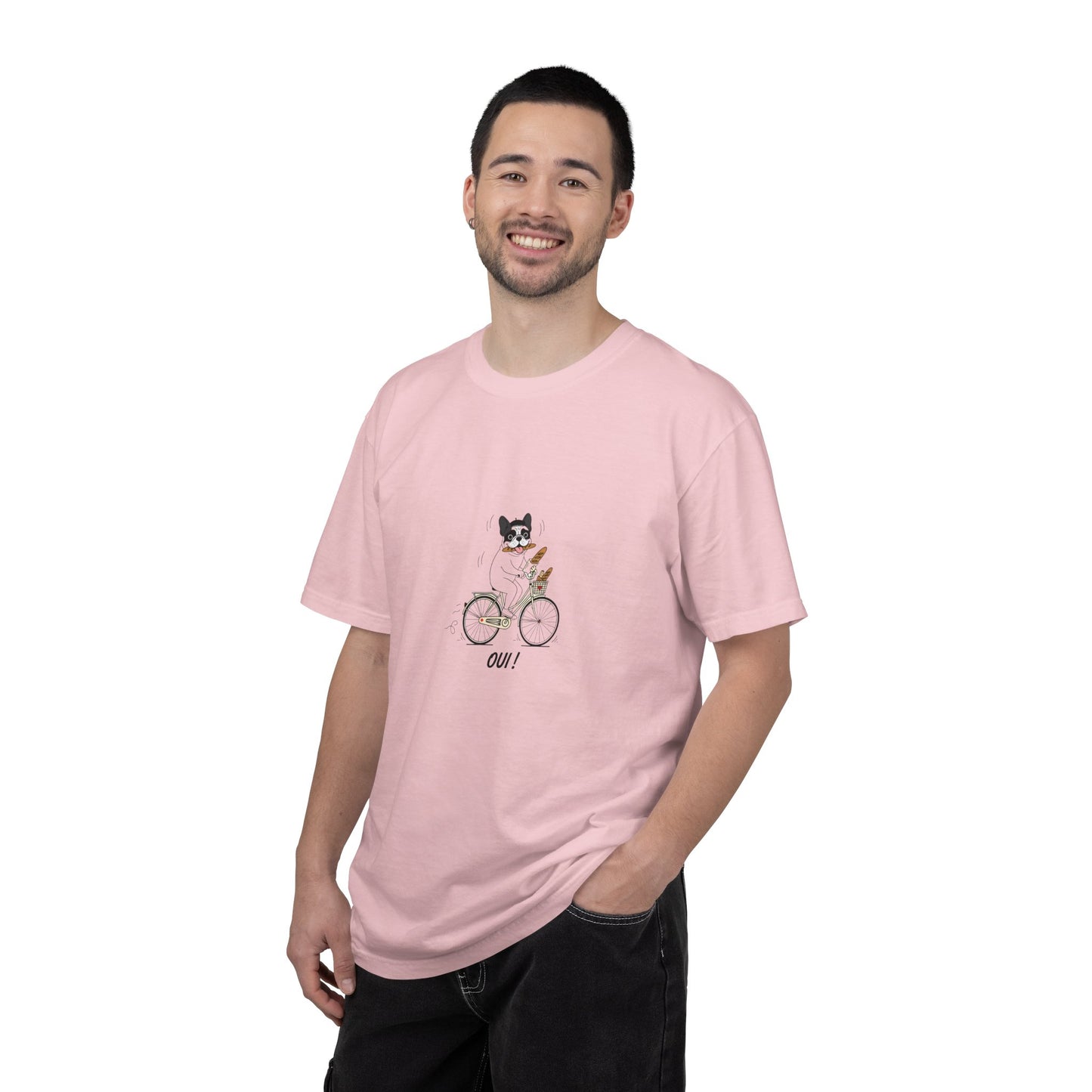 French Bulldog on Bicycle T-shirt | Cute Dog Illustration, 'Oui!' Text