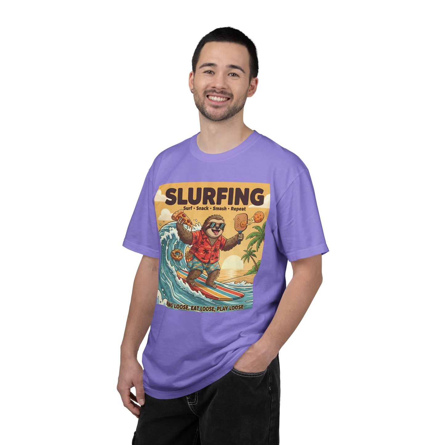 Slurfing Surfing Sloth T-Shirt | Retro Beach Wave Illustration