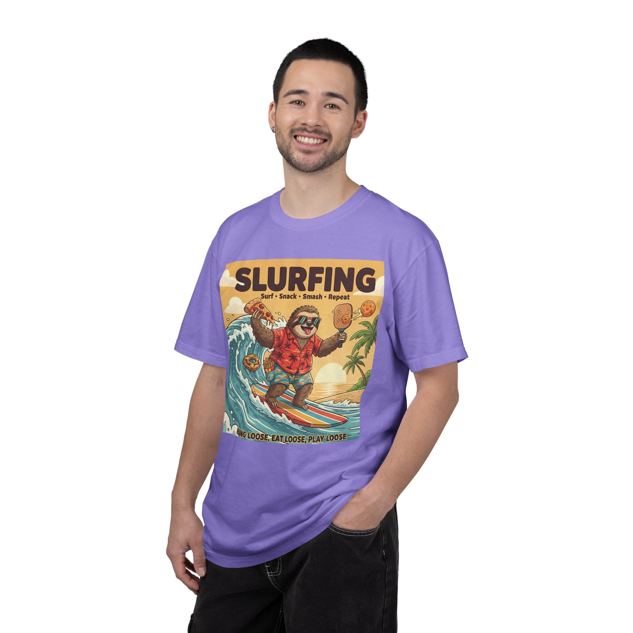Slurfing Surfing Sloth T-Shirt | Retro Beach Wave Illustration