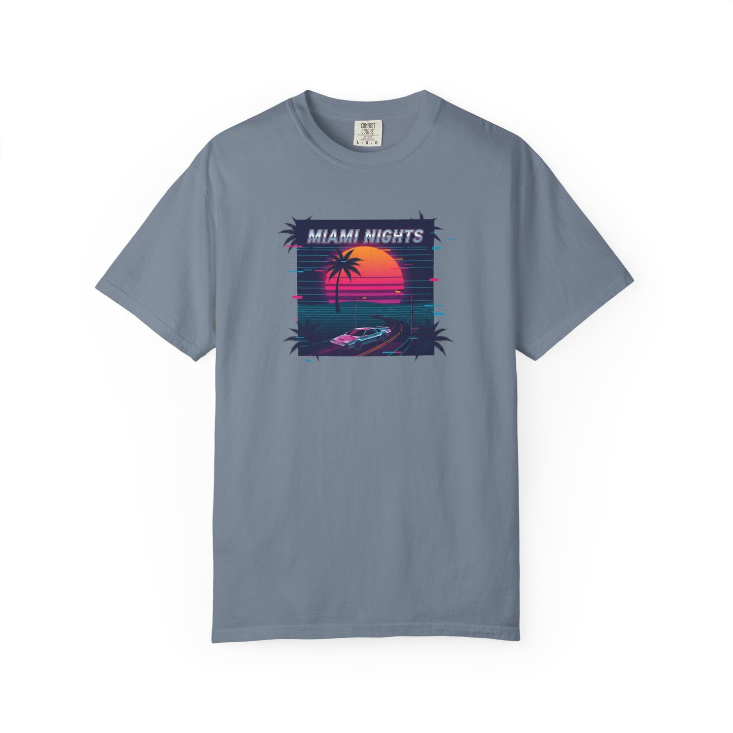 Miami Nights Sunset Palm T-shirt | Retro Vaporwave Beach Scene