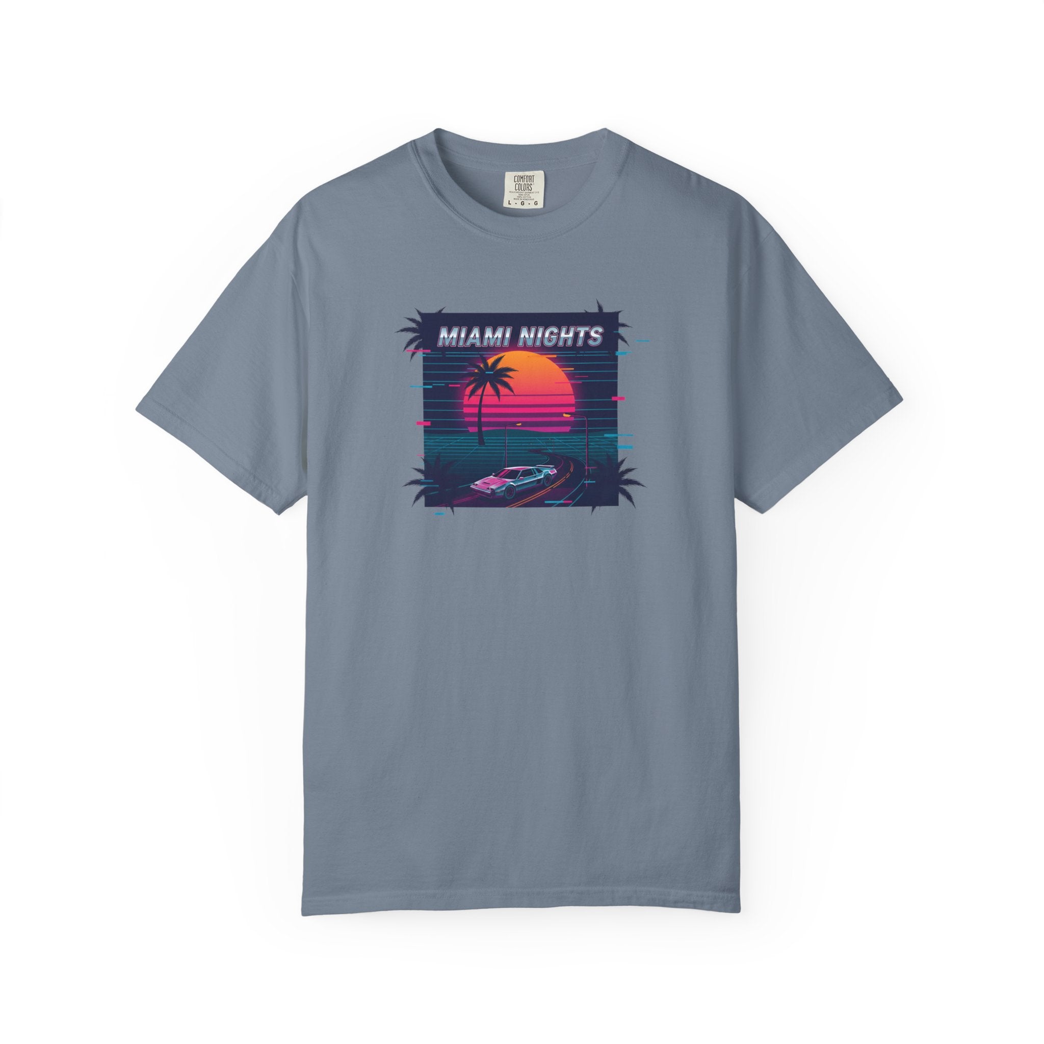 Miami Nights Sunset Palm T-shirt | Retro Vaporwave Beach Scene