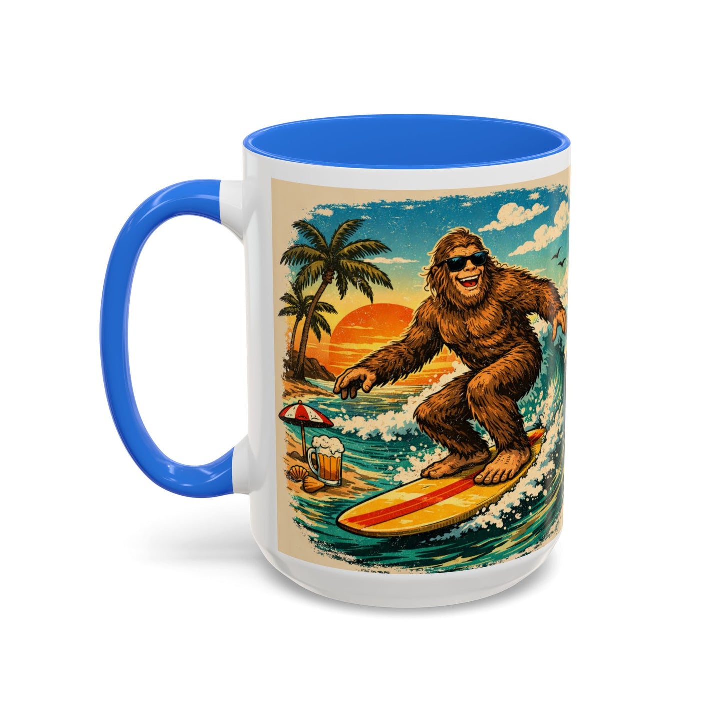 Surfing Bigfoot Mug | Retro Beach Sunset Bigfoot Wave Coffee Cup